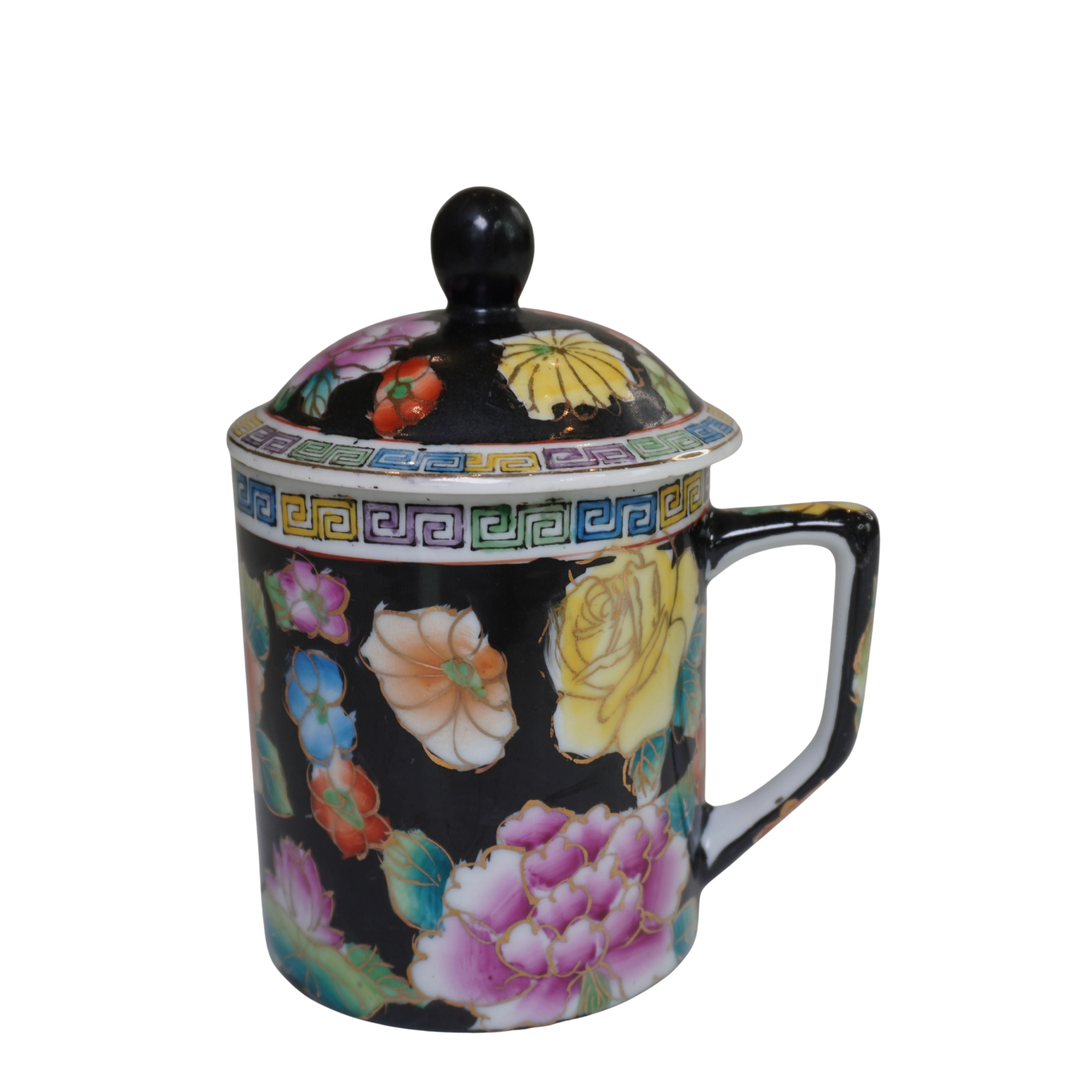 Chinese Famille Rose Black-Ground Lidded Tea Mug, Hand-Painted Roses & Peonies, Gold Accents