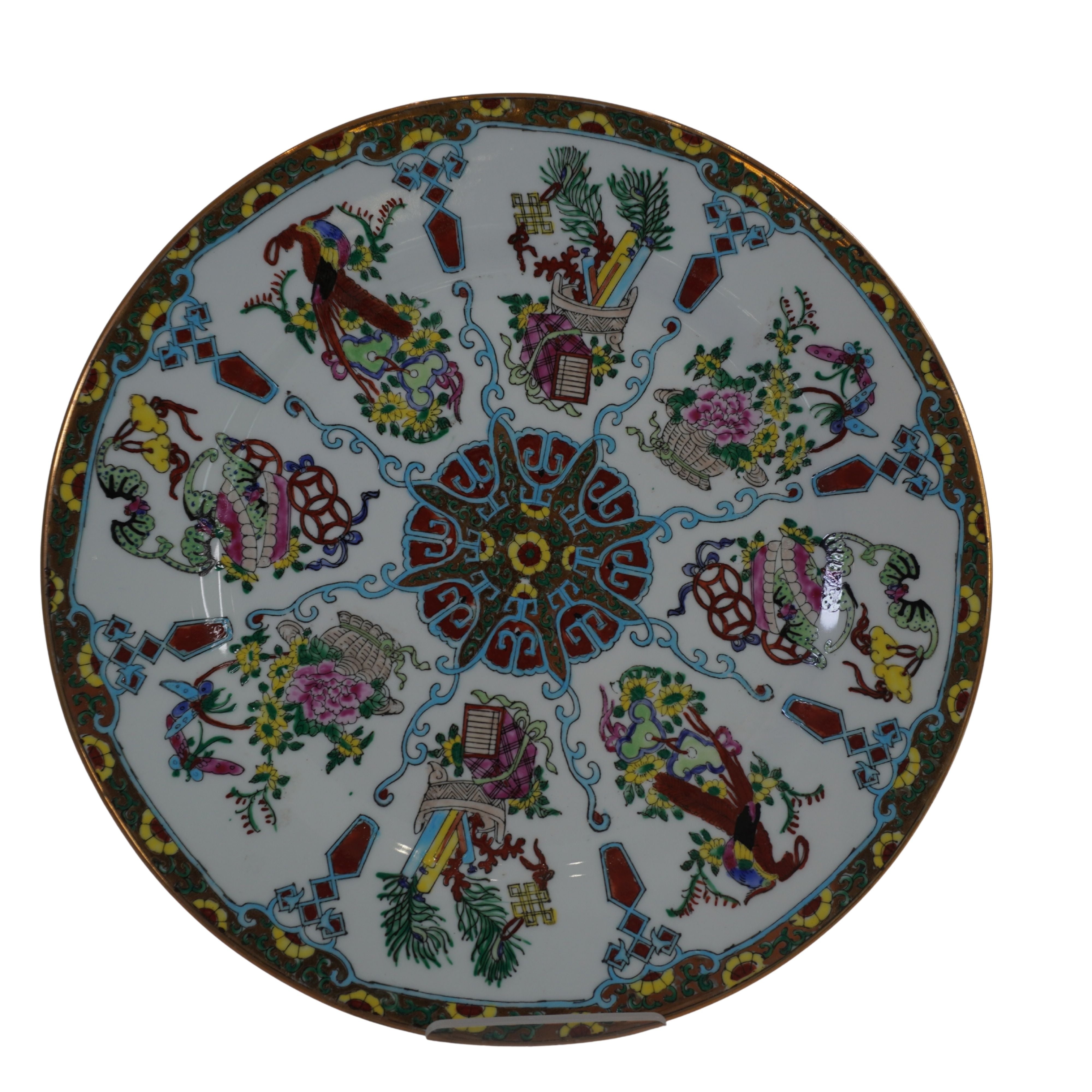 Set of 3 Vintage Chinese Famille Rose Canton Plates — Hand-Painted Dragon, Phoenix & Birds, Gold Trim, 10"