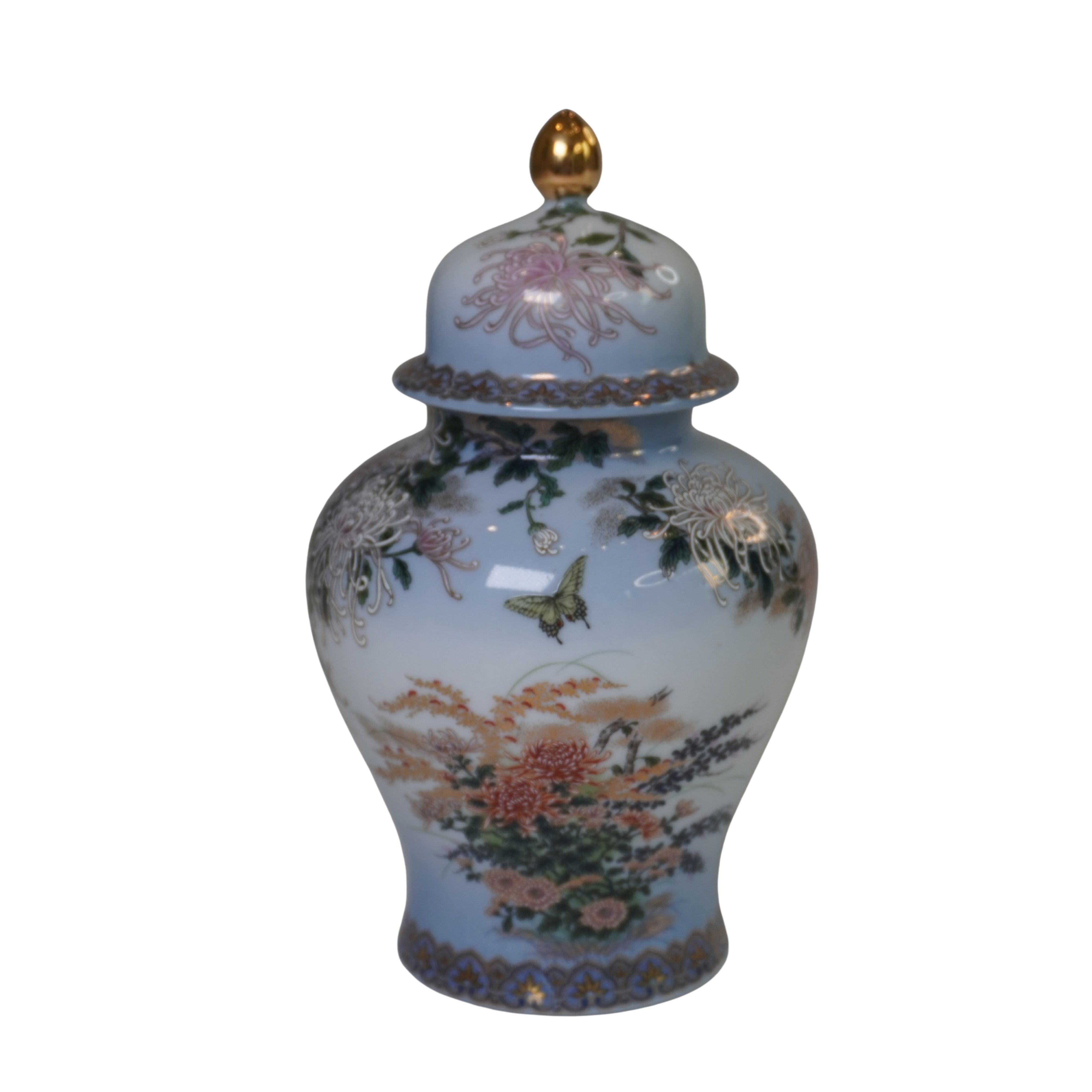 Vintage Japanese Hand Painted Porcelain Ginger Jar, Chrysanthemum & Crane, Gold Accents, Kyoto Mark