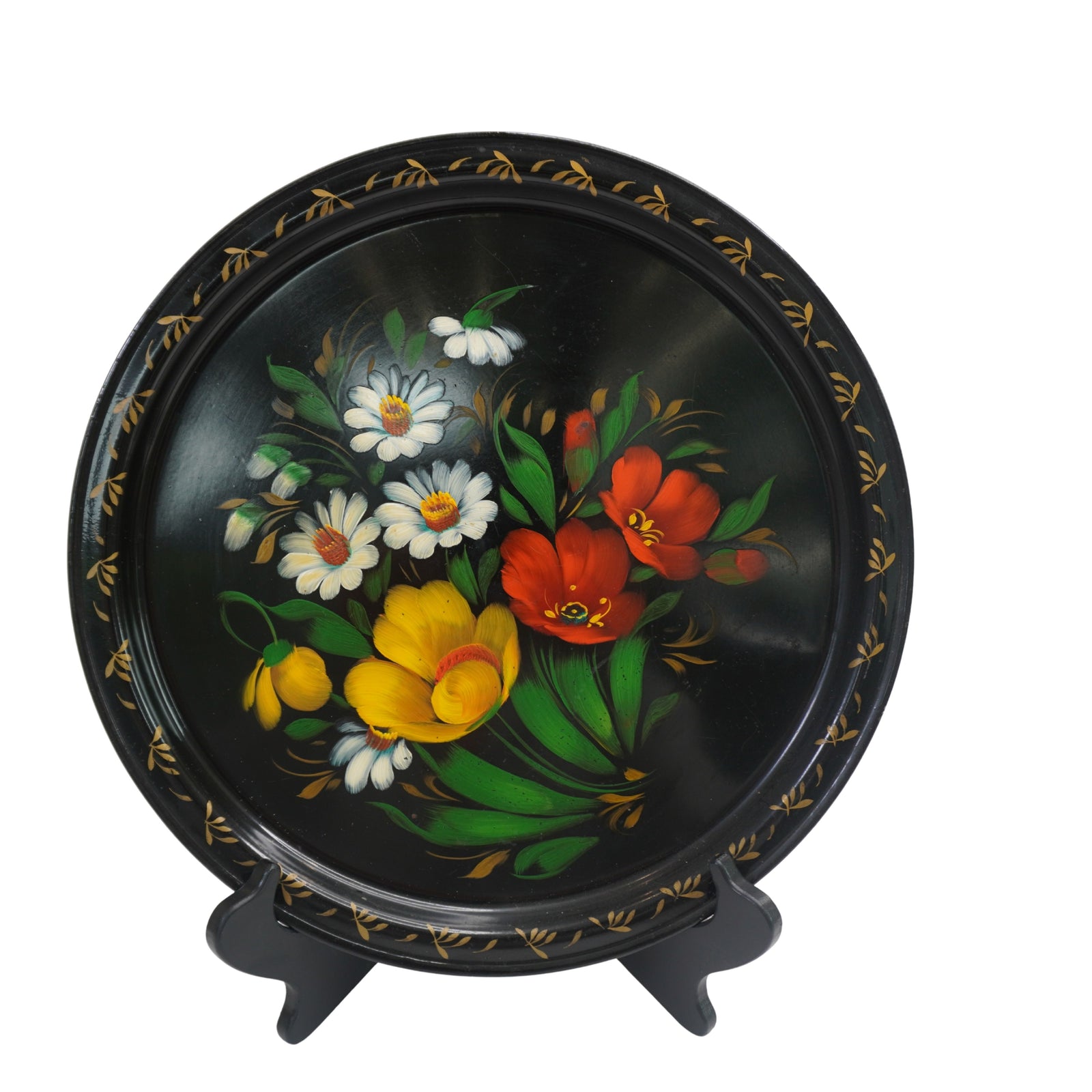Vintage Zhostovo Russian Hand Painted Floral Tray, Black Lacquer Toleware, Made in USSR