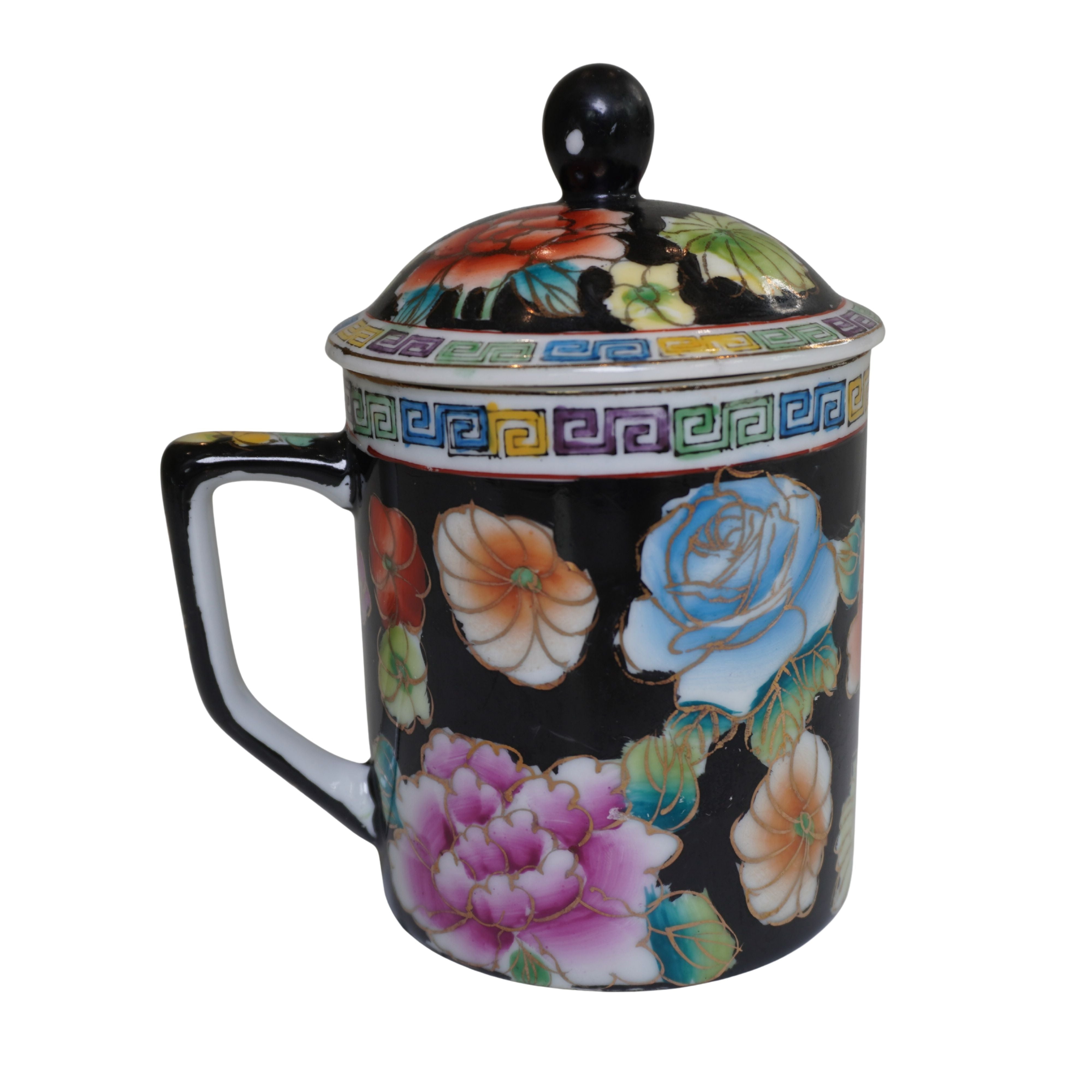 Chinese Famille Rose Black-Ground Lidded Tea Mug, Hand-Painted Roses & Peonies, Gold Accents