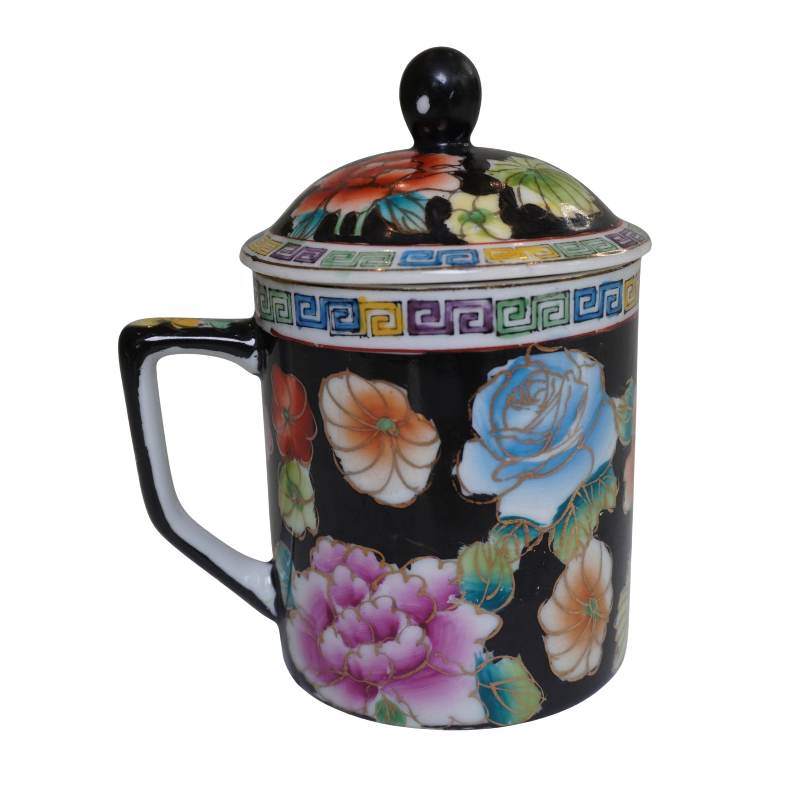 Chinese Famille Rose Black-Ground Lidded Tea Mug, Hand-Painted Roses & Peonies, Gold Accents
