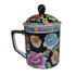 Chinese Famille Rose Black-Ground Lidded Tea Mug, Hand-Painted Roses & Peonies, Gold Accents