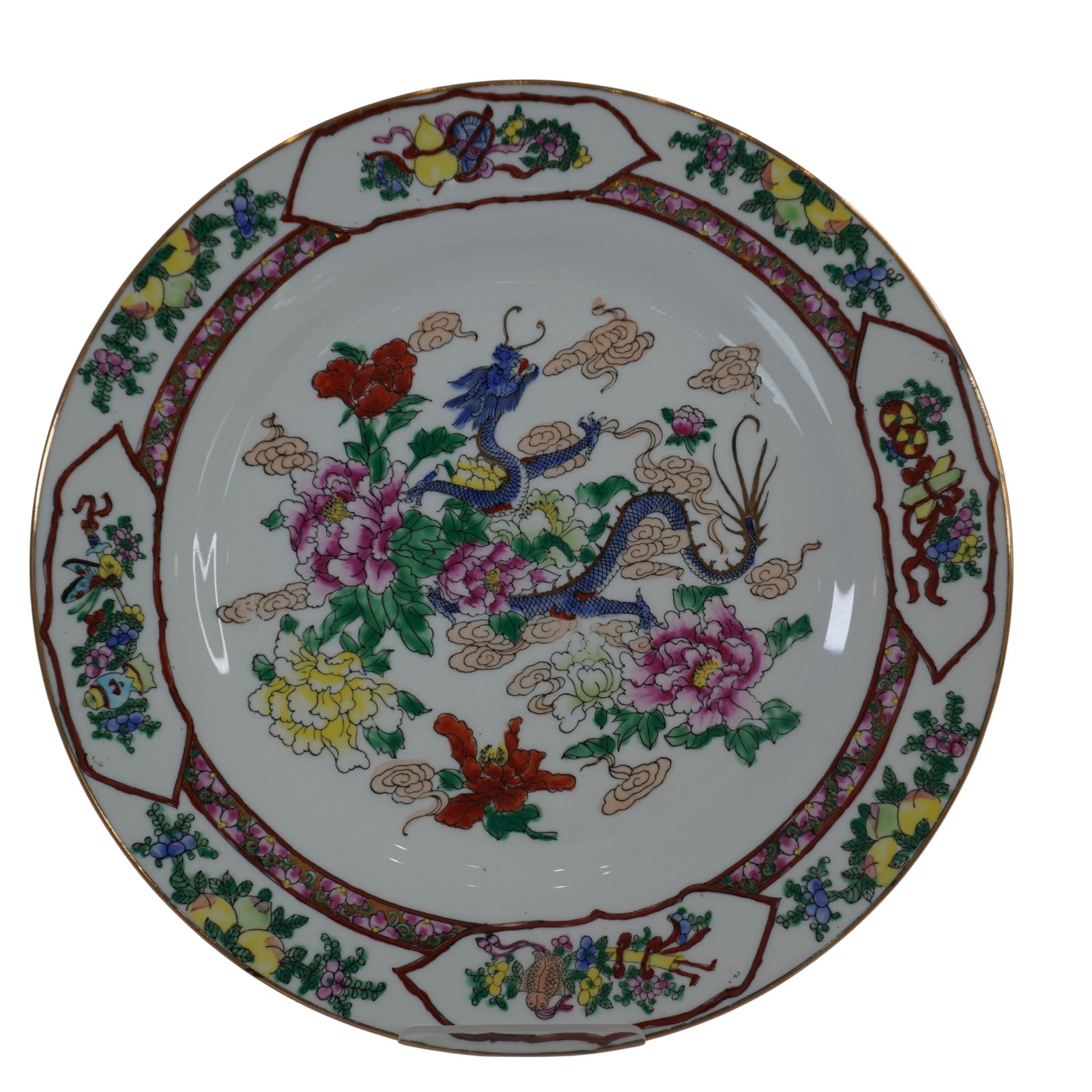 Set of 3 Vintage Chinese Famille Rose Canton Plates — Hand-Painted Dragon, Phoenix & Birds, Gold Trim, 10