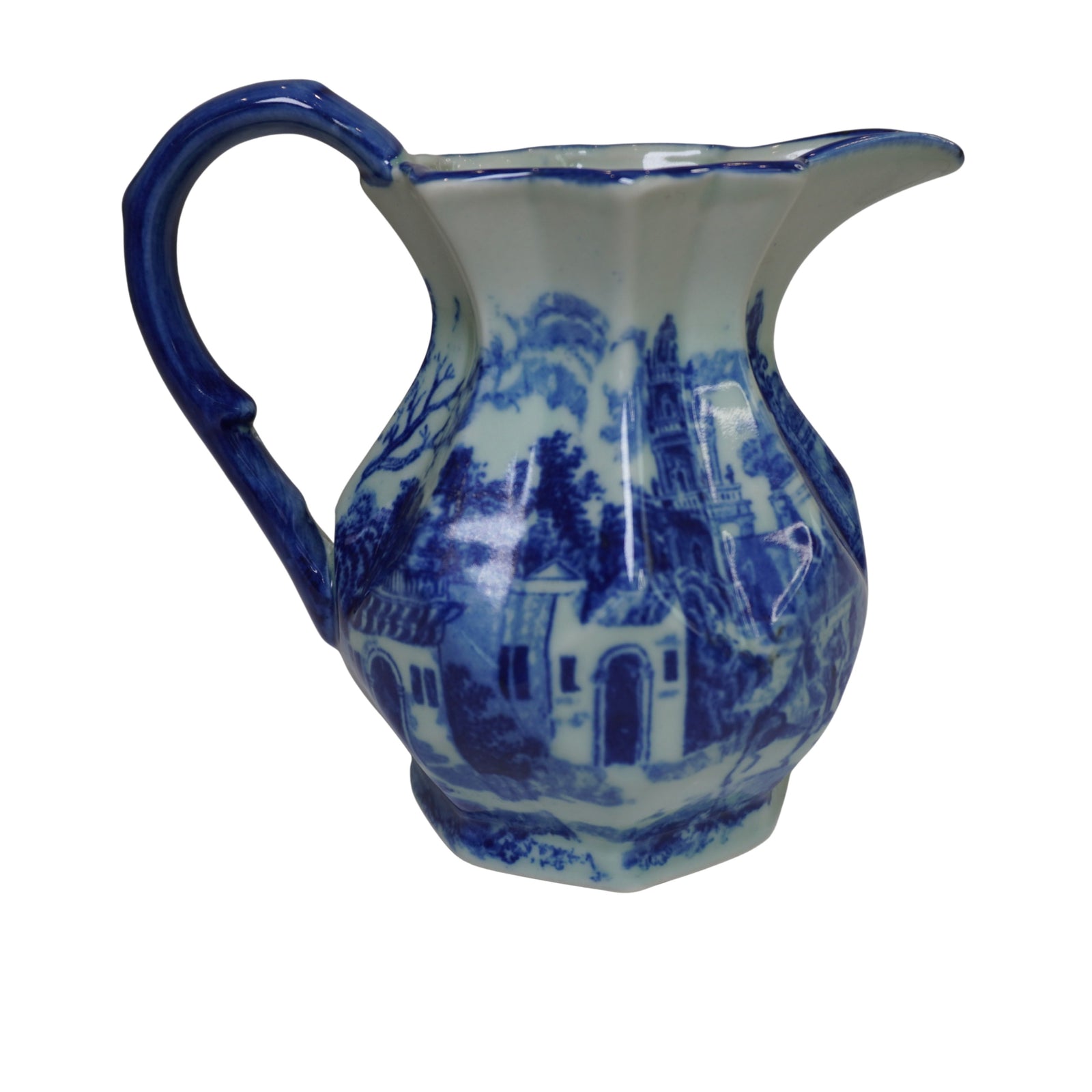 Blue & White Flow Blue–Style Transferware Pitcher, Victoria Ware Ironstone, Old-World Scene, Decorative