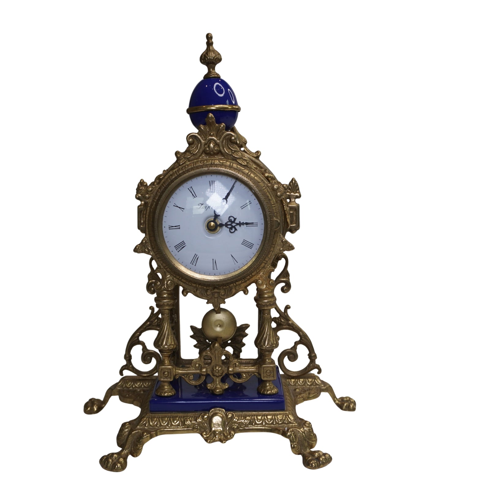 Vintage Imperial Brass & Cobalt Porcelain Mantel Clock, Farbel Fonderie d'Arte Italy, Ornate Louis XV / Hollywood Regency