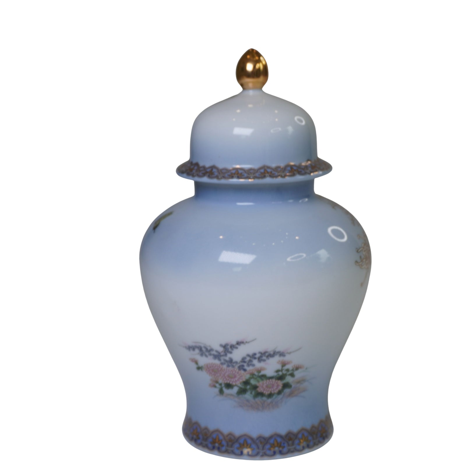 Vintage Japanese Hand Painted Porcelain Ginger Jar, Chrysanthemum & Crane, Gold Accents, Kyoto Mark