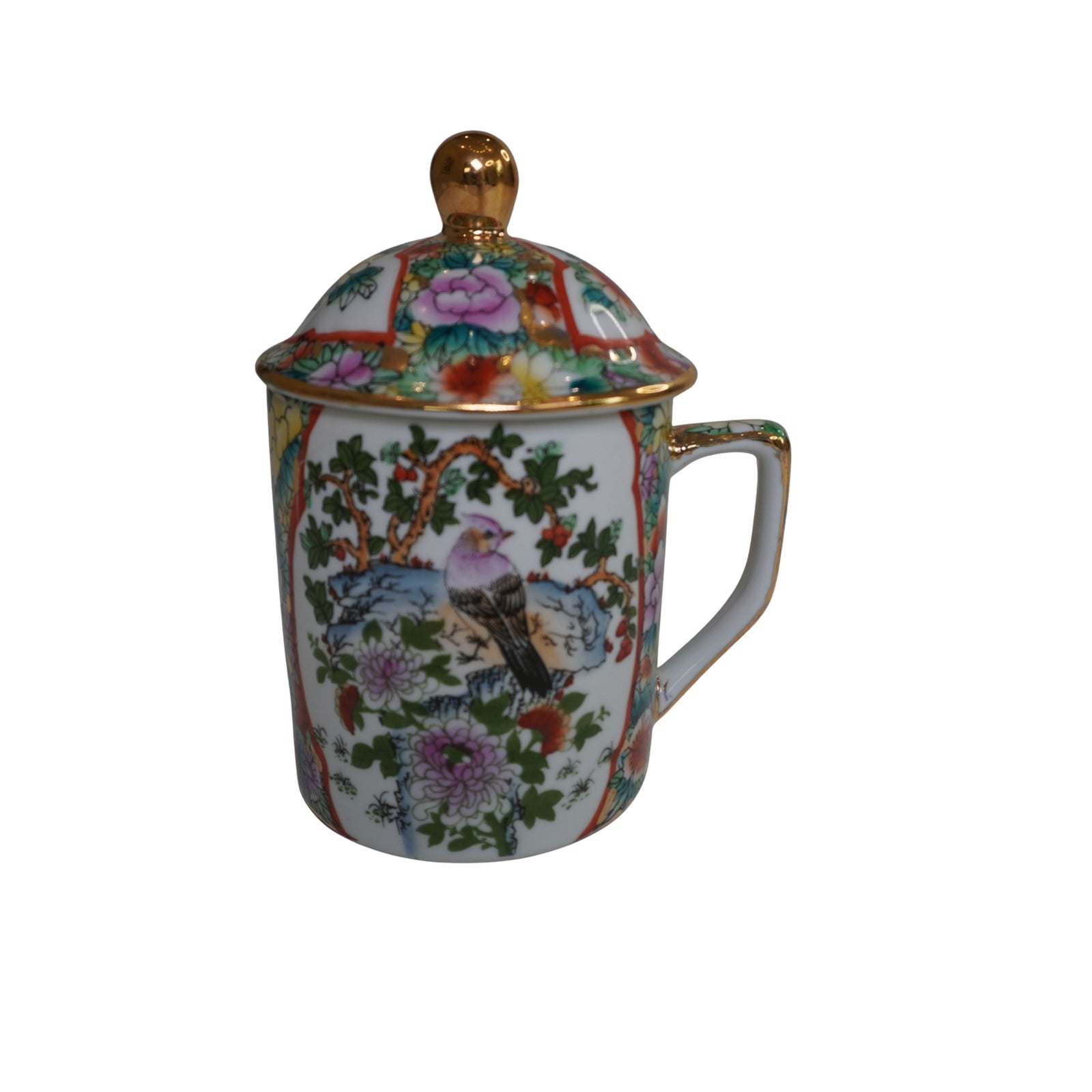 Pair of Vintage Chinese Famille Rose Bird & Flower Lidded Tea Mugs, Hand-Decorated, Gold Accents