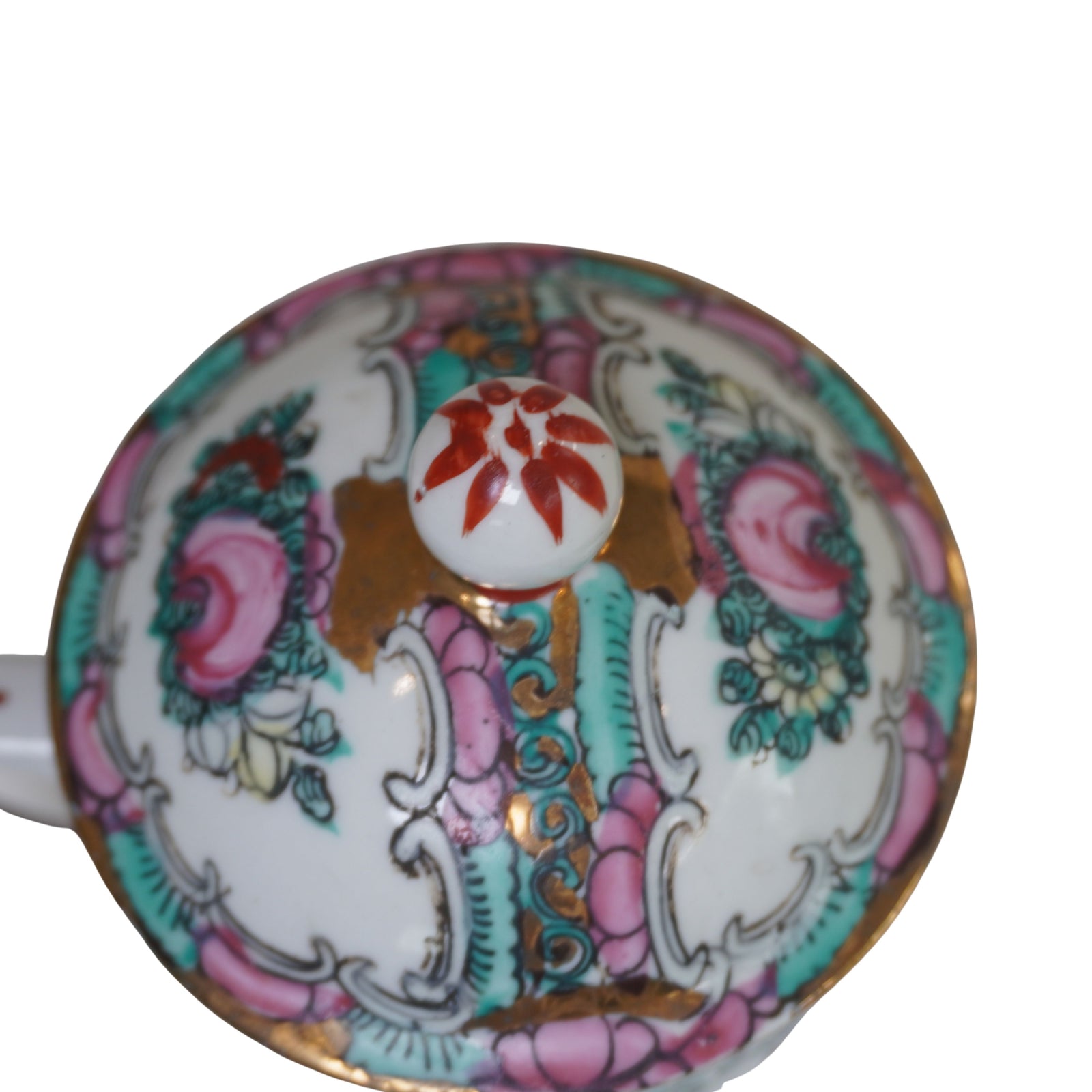 Chinese Rose Mandarin Famille Rose Lidded Tea Mug, Hand-Painted Figural Scene, Gold Accents