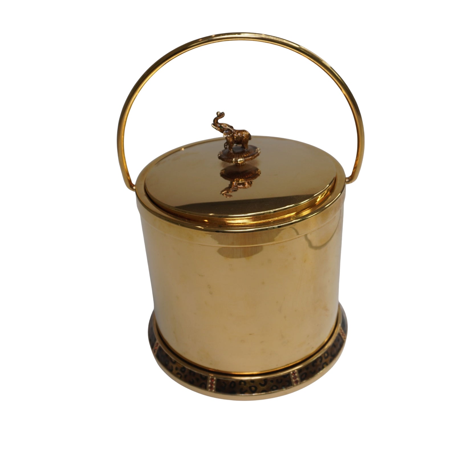 Vintage St. John Home Safari Elephant Ice Bucket, Gold Tone Brass with Leopard & Swarovski Crystals