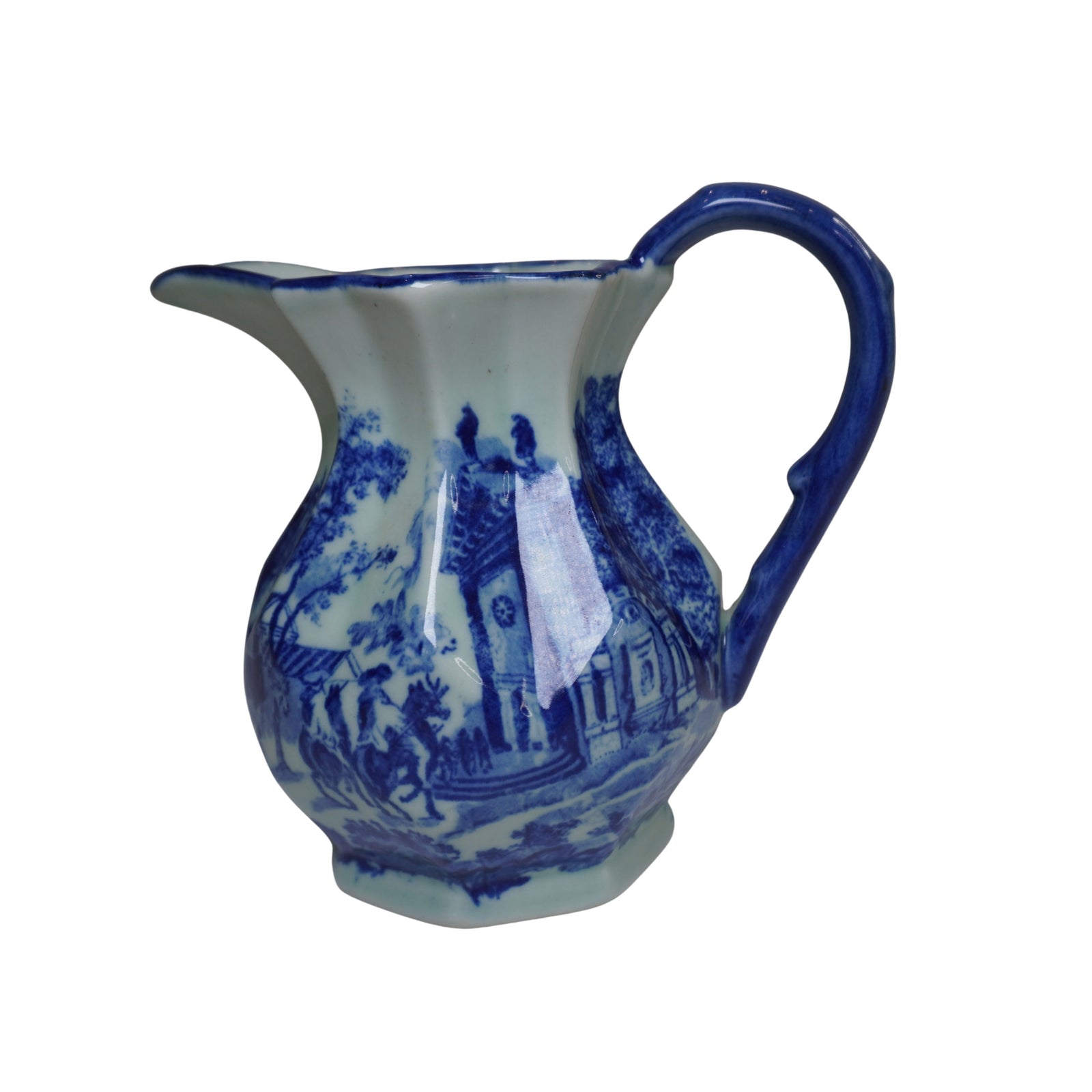 Blue & White Flow Blue–Style Transferware Pitcher, Victoria Ware Ironstone, Old-World Scene, Decorative
