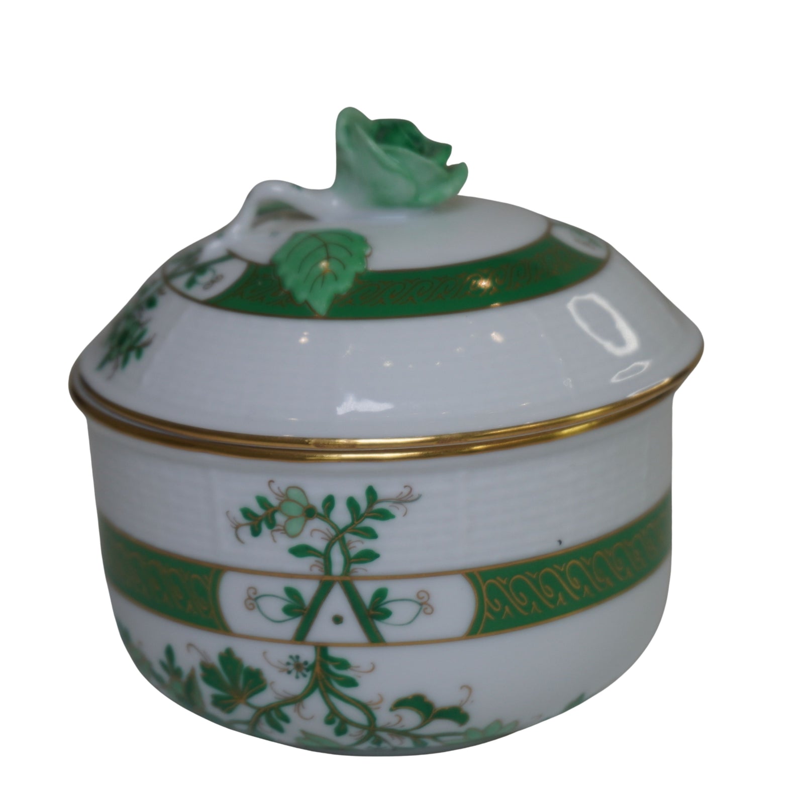 Herend Indian Basket Green (Fleurs des Indes) Hand Painted Lidded Sugar Bowl #663, Rose Finial