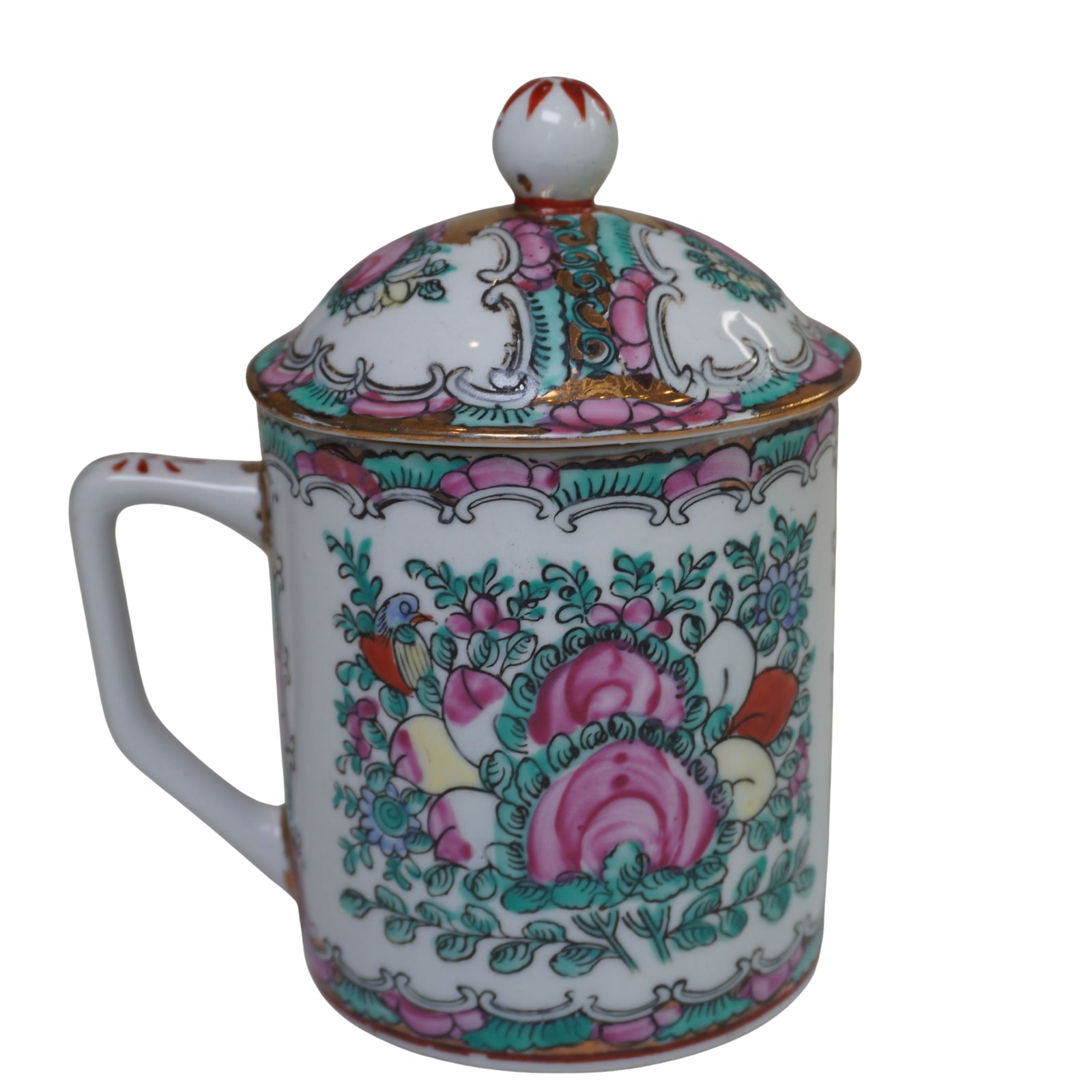 Chinese Rose Mandarin Famille Rose Lidded Tea Mug, Hand-Painted Figural Scene, Gold Accents