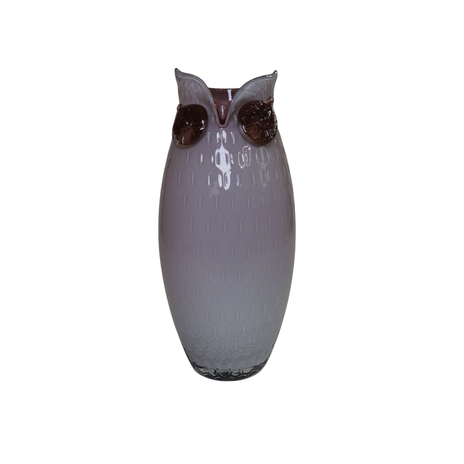 Vintage Murano Style Italian Art Glass Owl Vase, Lavender Amethyst with Aventurine Eyes, Hand Blown Honeycomb Optic