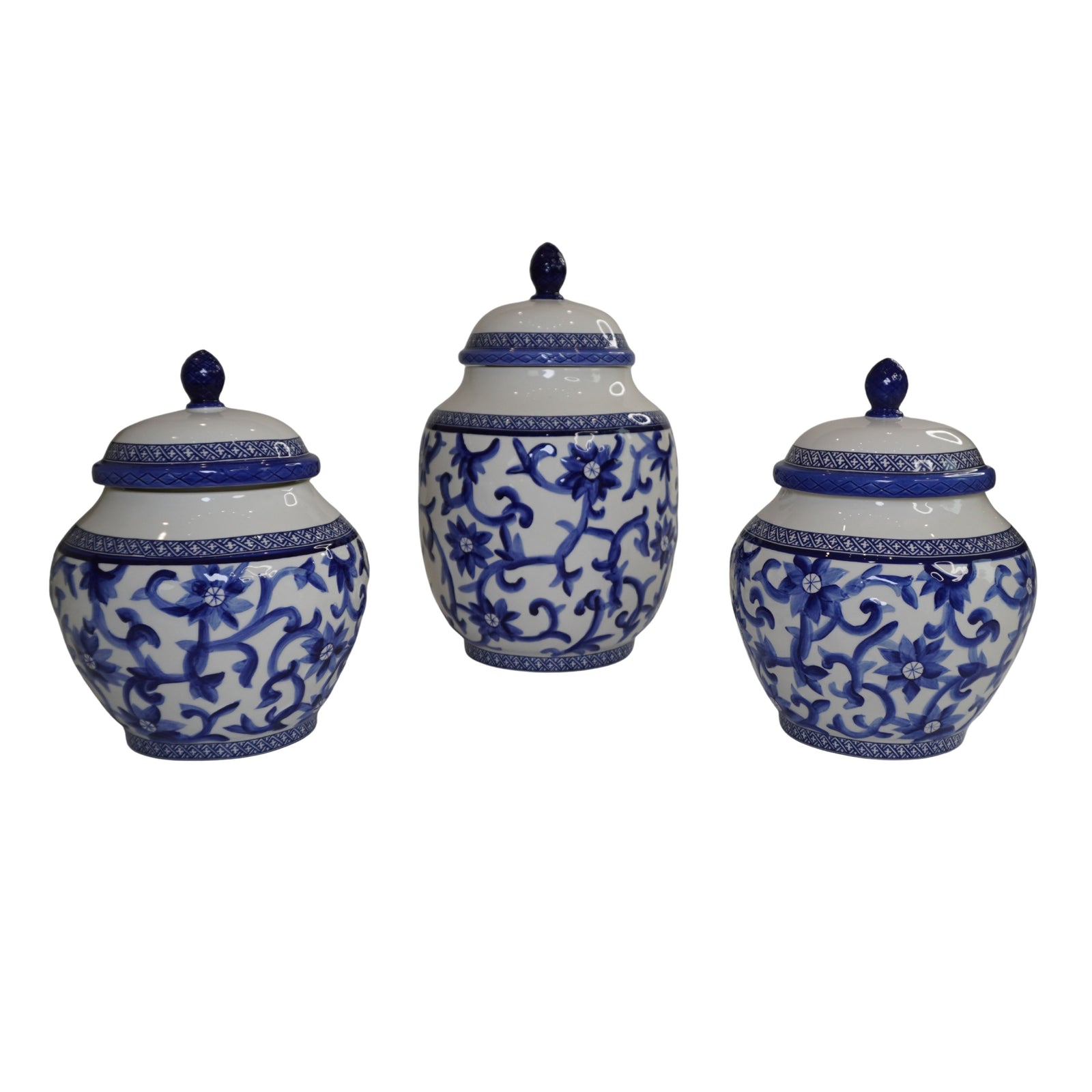 Ralph Lauren Mandarin Blue Ginger Jars, Set of 3 Graduated, Blue & White Chinoiserie Lidded
