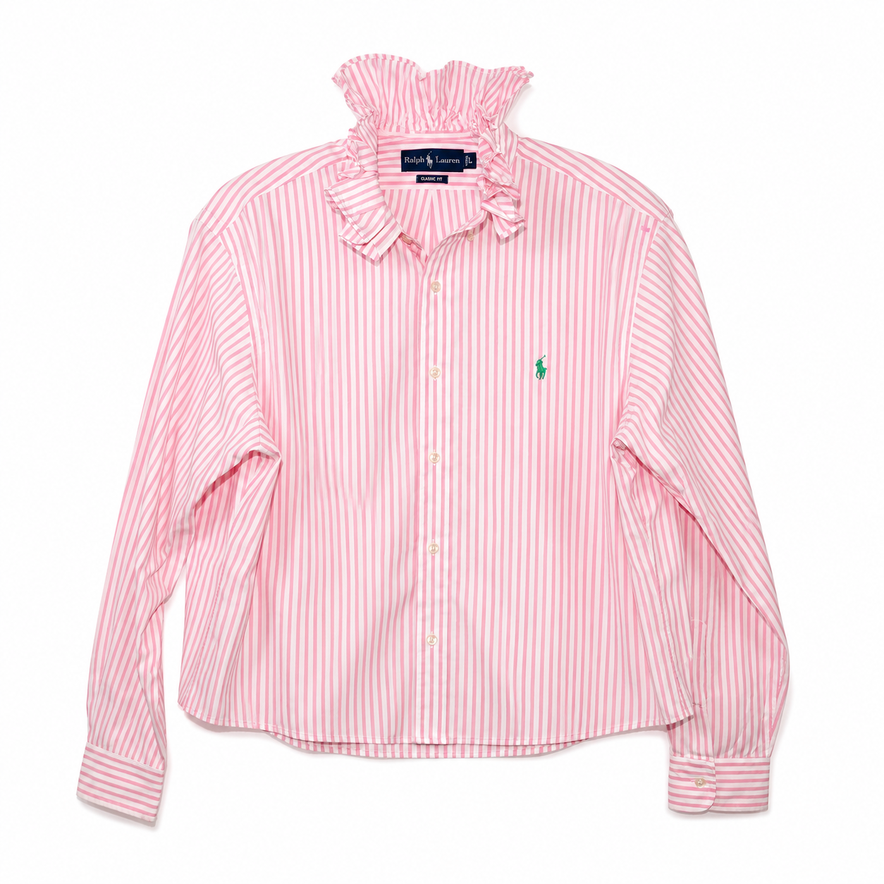 Reimagined Ralph Lauren Striped Shirt, Hand-Ruffled Collar, Pink & White Candy Stripe, Oversized, One of a Kind