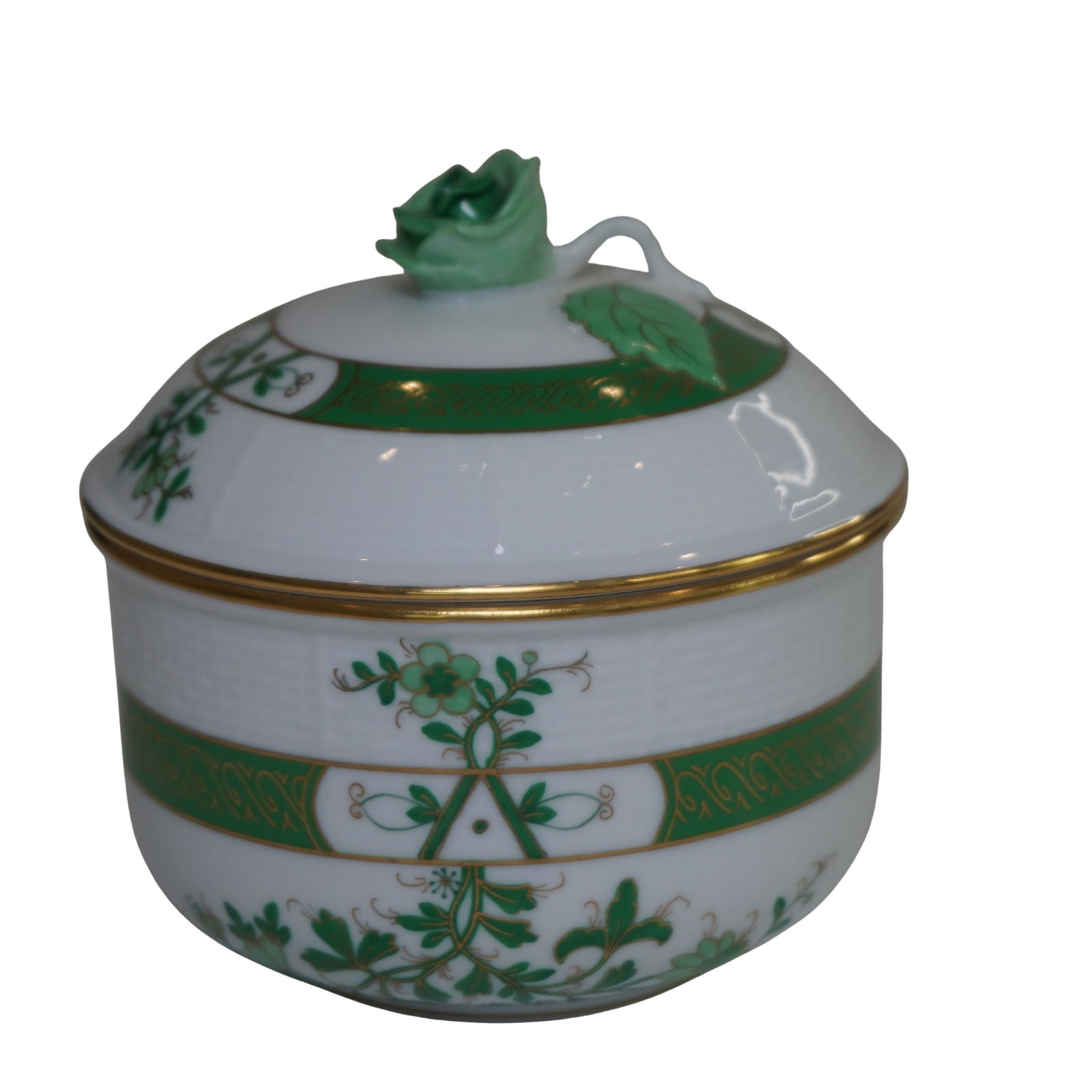 Herend Indian Basket Green (Fleurs des Indes) Hand Painted Lidded Sugar Bowl #663, Rose Finial