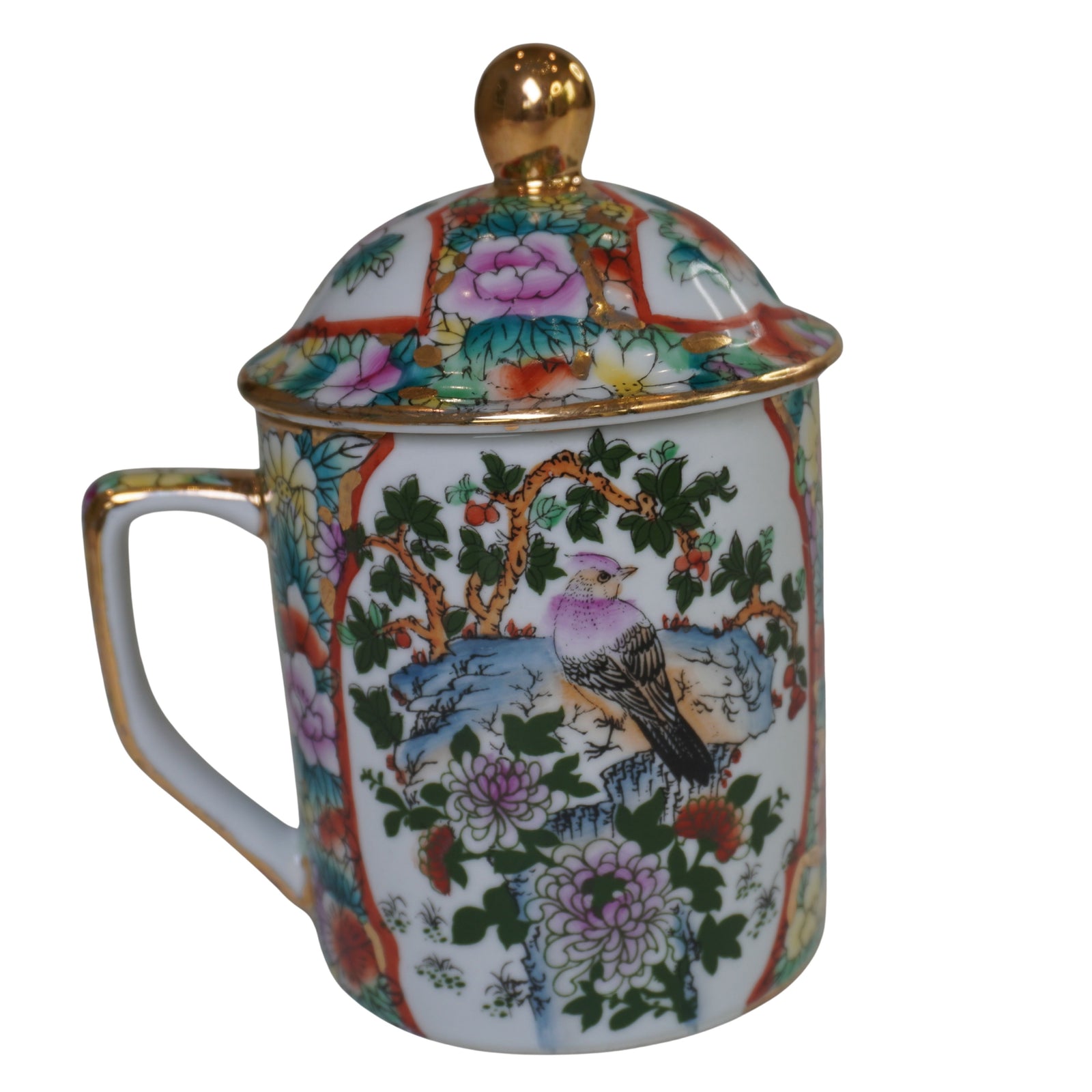 Pair of Vintage Chinese Famille Rose Bird & Flower Lidded Tea Mugs, Hand-Decorated, Gold Accents