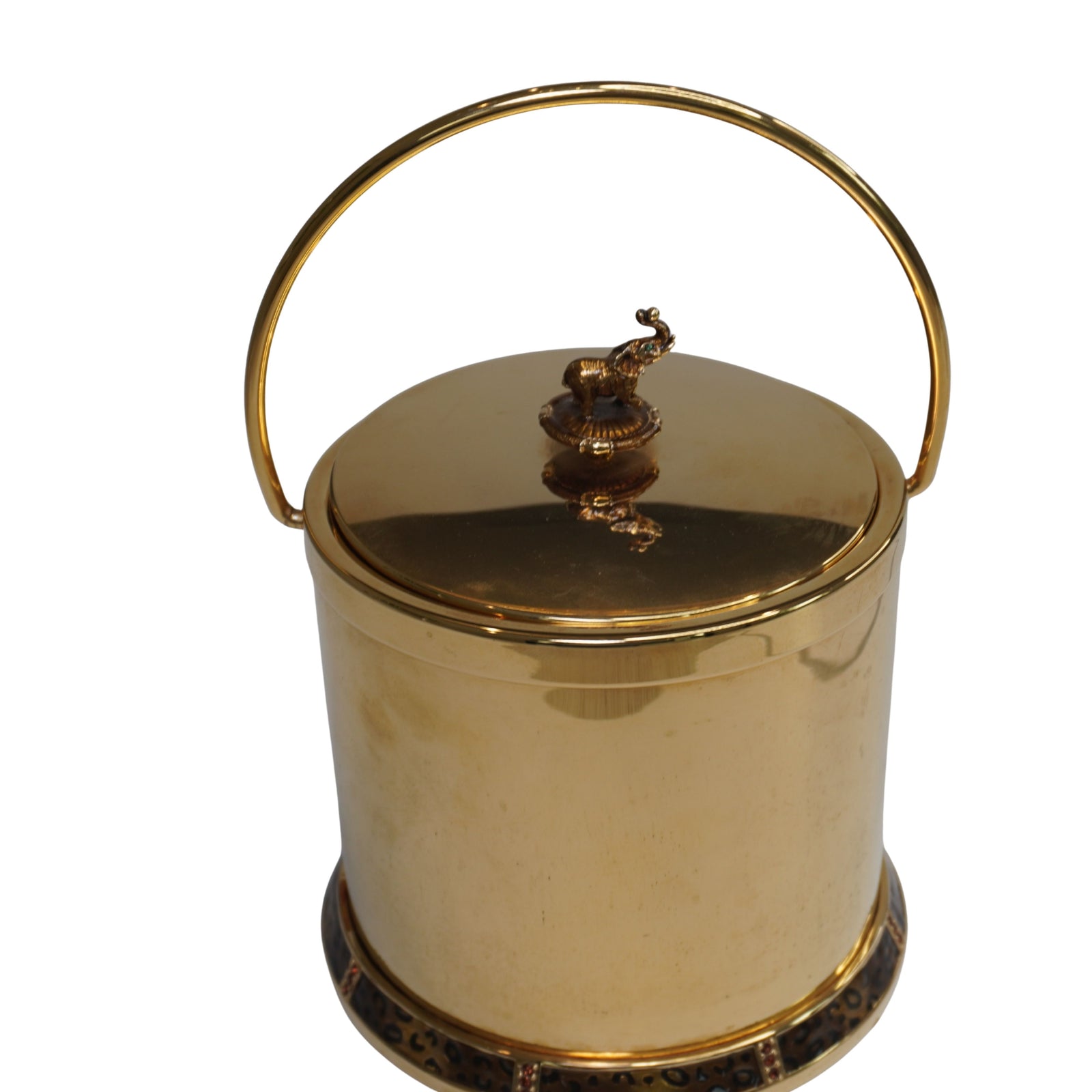 Vintage St. John Home Safari Elephant Ice Bucket, Gold Tone Brass with Leopard & Swarovski Crystals