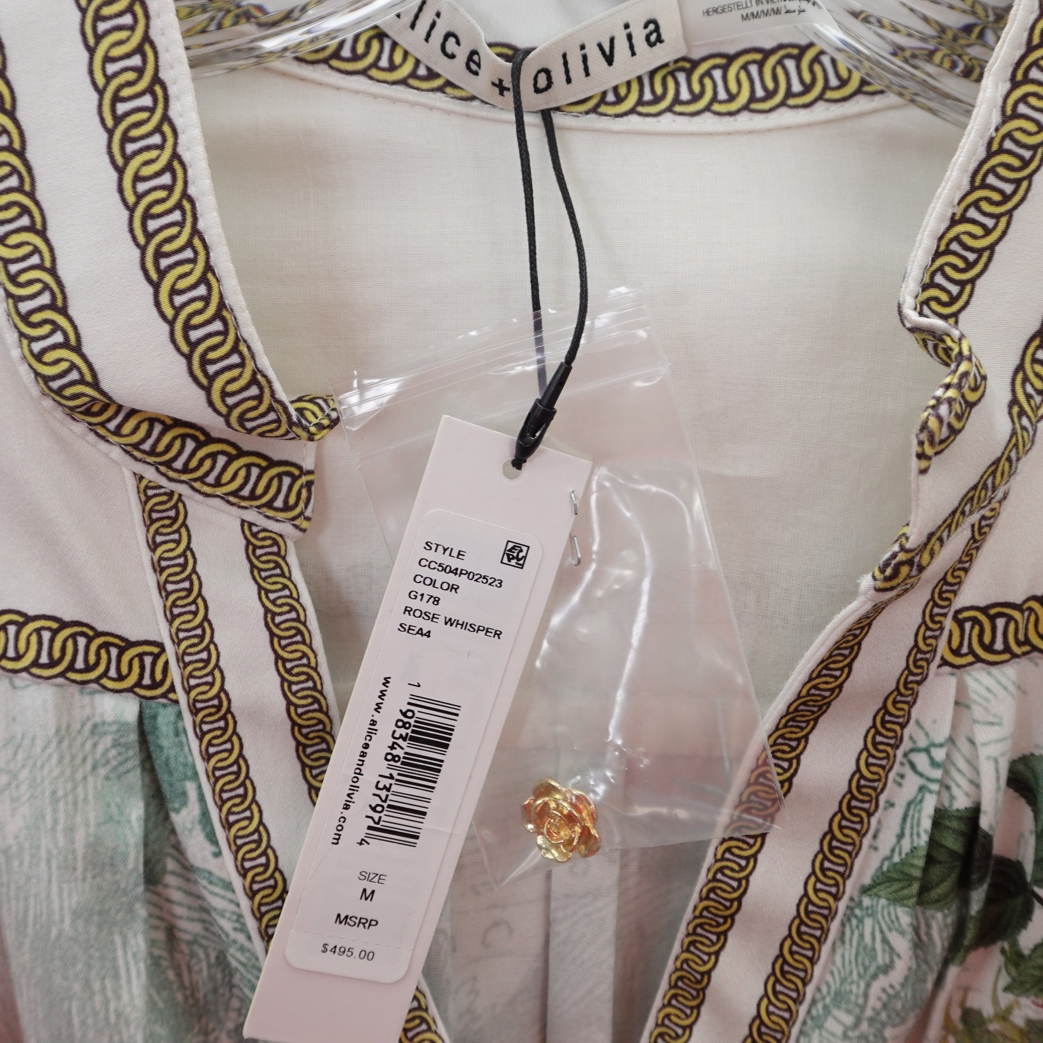 Alice + Olivia Cora Shirt Dress, Rose Whisper Floral, Gold Chain Trim, New With Tags, Size M