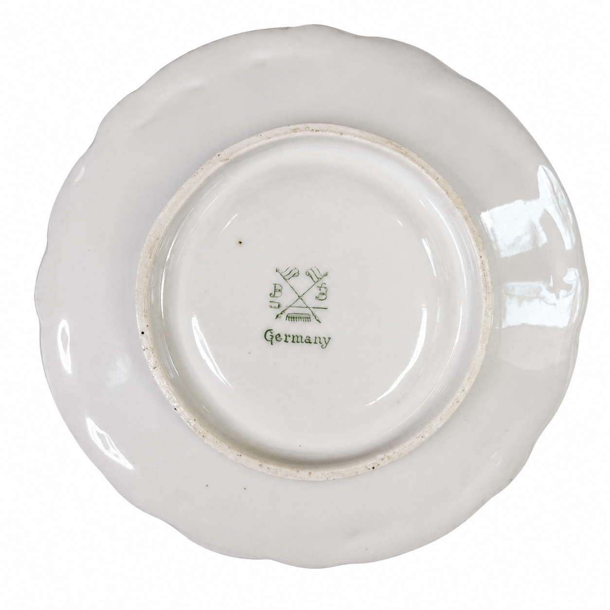 Antique German Porcelain Rose Saucer, Pink Rose Garland & Green Scroll Border, Gilt Scalloped Rim, c. 1900