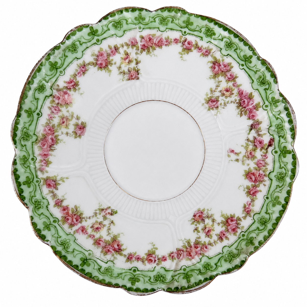 Antique German Porcelain Rose Saucer, Pink Rose Garland & Green Scroll Border, Gilt Scalloped Rim, c. 1900