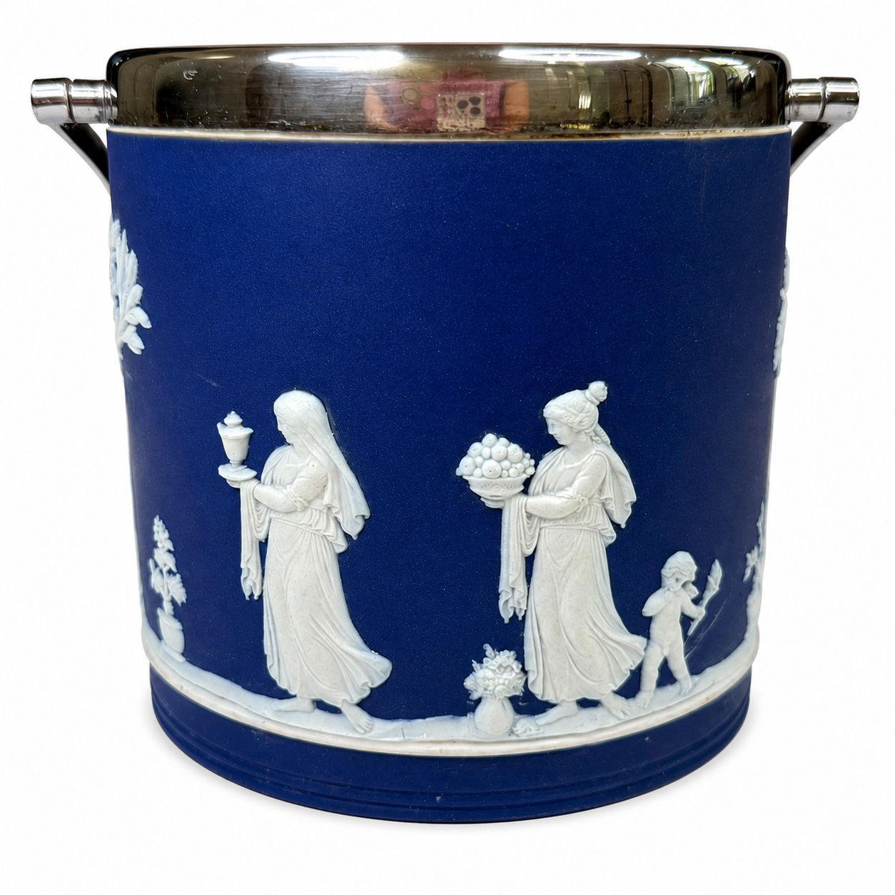 Antique Wedgwood Dark Blue Jasperware Biscuit Barrel, Neoclassical White Relief, Silver-Plate Lid & Handles, c. 1900