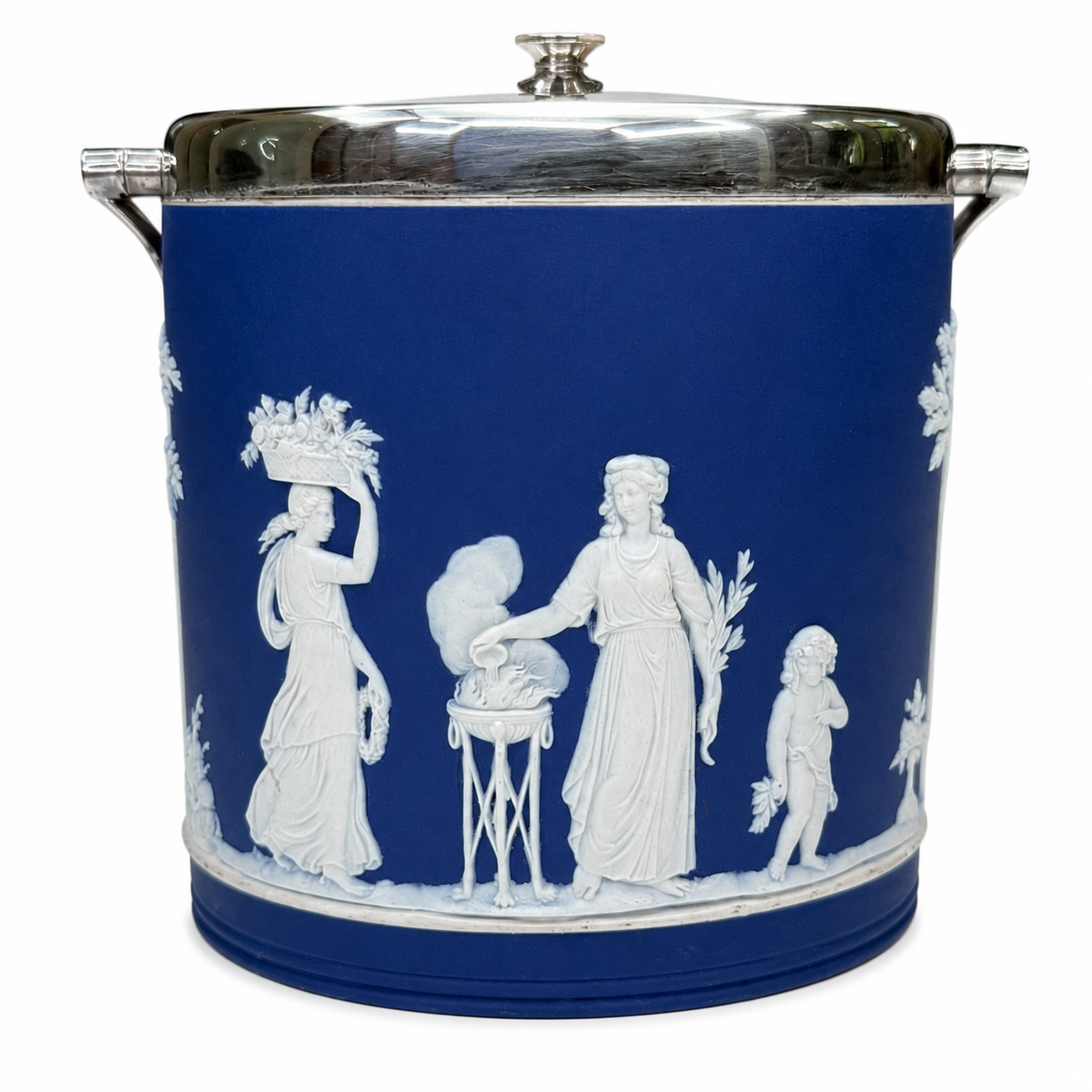 Antique Wedgwood Dark Blue Jasperware Biscuit Barrel, Neoclassical White Relief, Silver-Plate Lid & Handles, c. 1900
