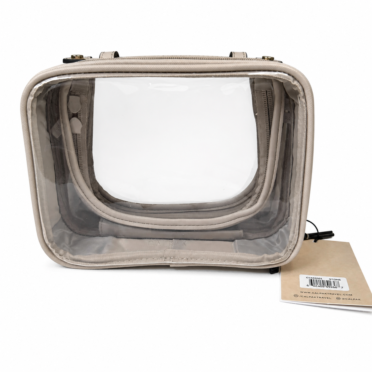CALPAK Small Clear Cosmetics Case, Stone, Gold Hardware, NWT