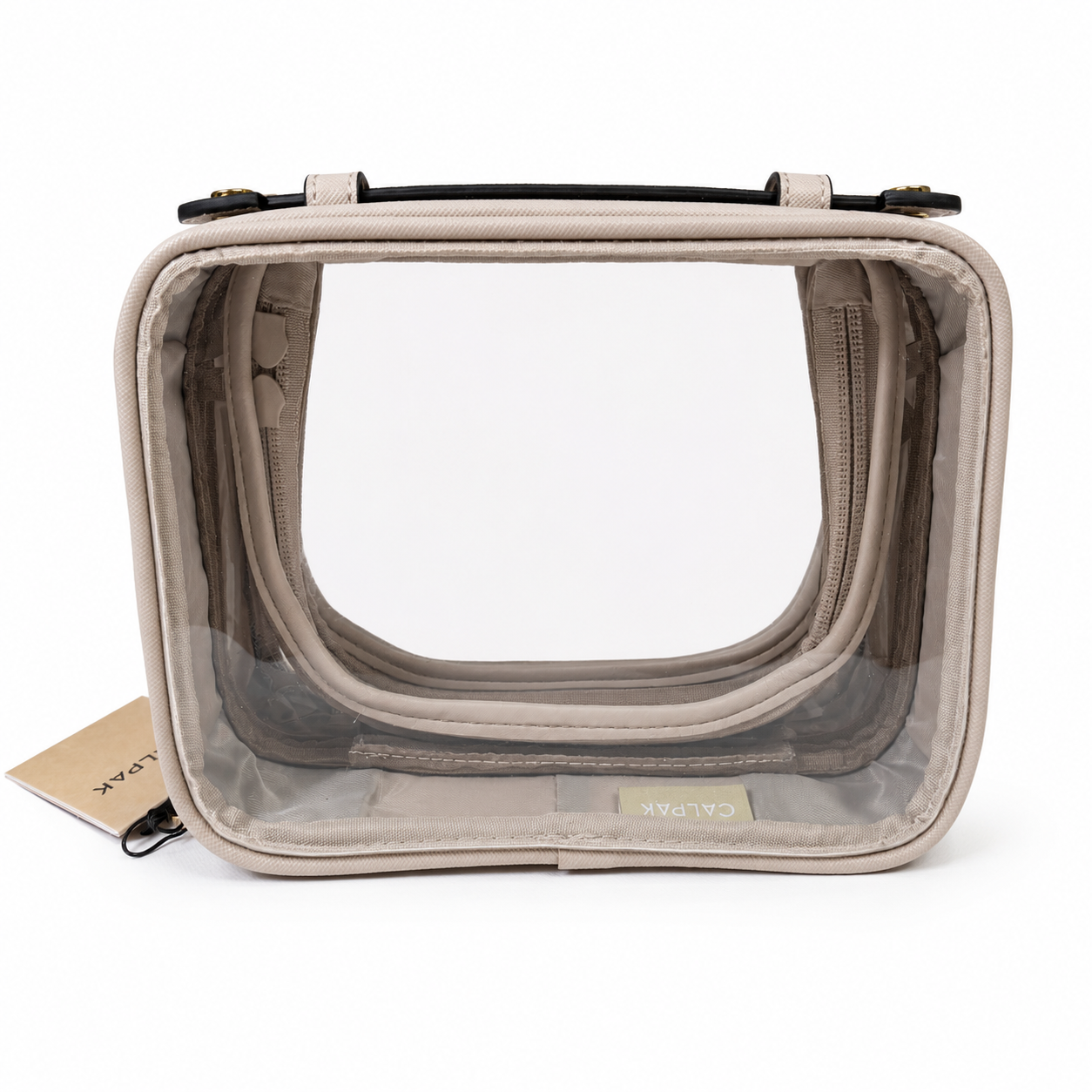 CALPAK Small Clear Cosmetics Case, Stone, Gold Hardware, NWT