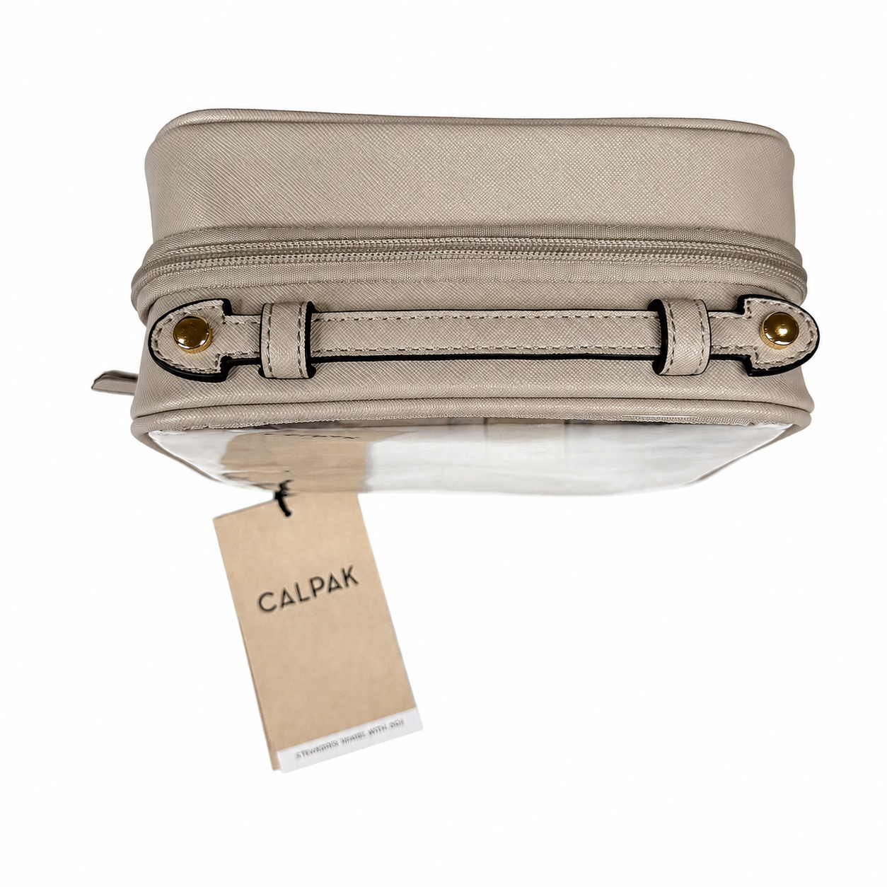 CALPAK Small Clear Cosmetics Case, Stone, Gold Hardware, NWT