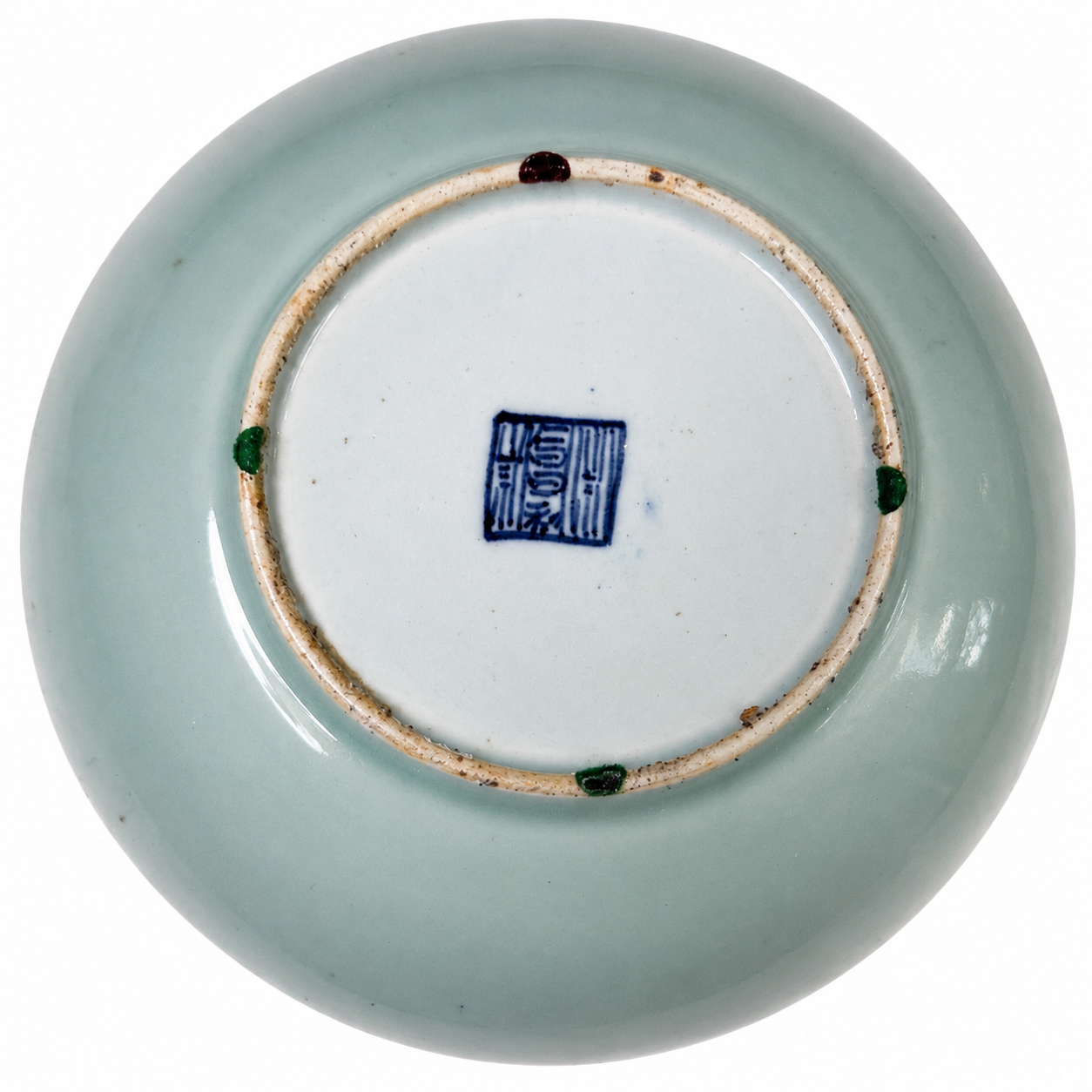 Chinese Rose Canton Famille Rose Plate on Celadon Ground, Birds, Butterflies & Flowers, Blue Seal Mark