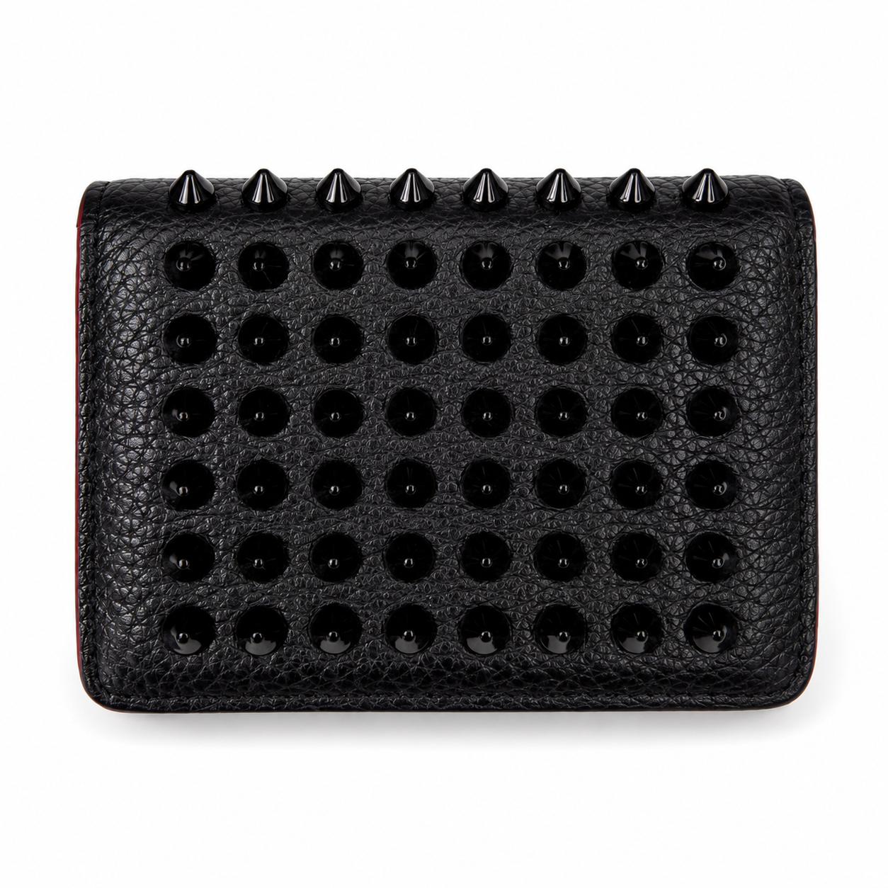 Christian Louboutin Spiked Card Holder, Black Grained Calf Leather, Loubi-Red Interior — with Box & Dust Bag