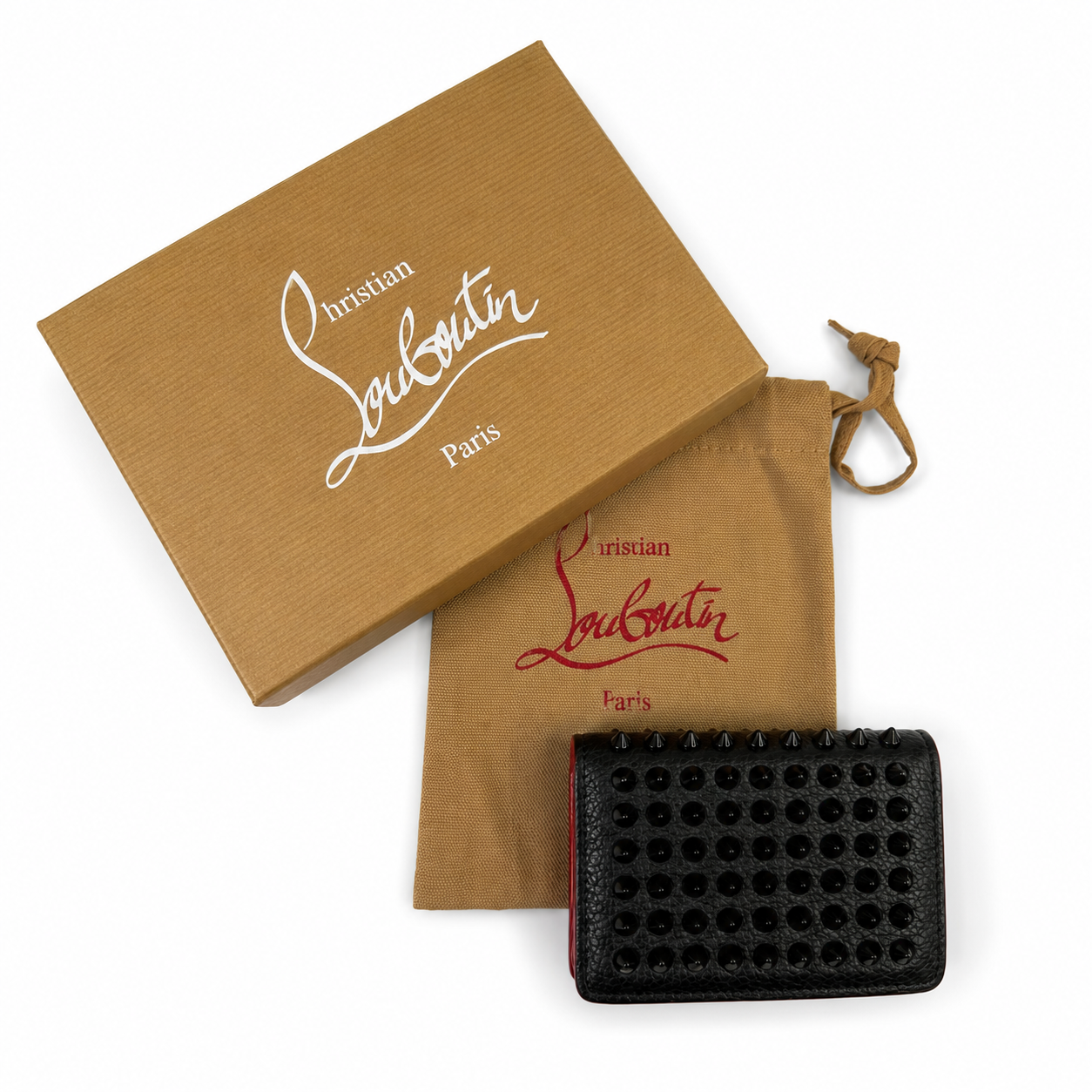 Christian Louboutin Spiked Card Holder, Black Grained Calf Leather, Loubi-Red Interior — with Box & Dust Bag