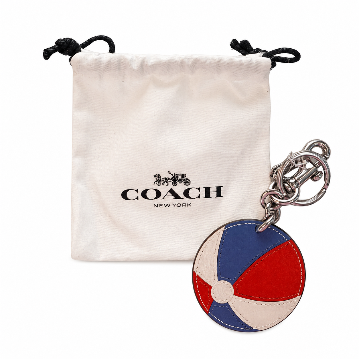 Coach Beach Ball Leather Bag Charm Keychain, Red White & Blue, Silver-Tone — NWT with Dust Bag