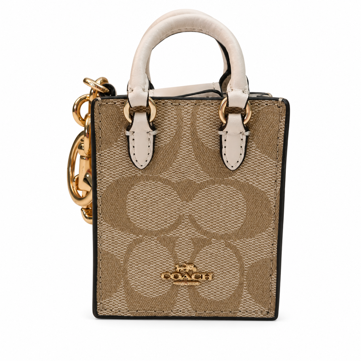 Coach North/South Mini Tote Bag Charm Keychain, Signature Canvas Light Khaki & Chalk, Gold-Tone