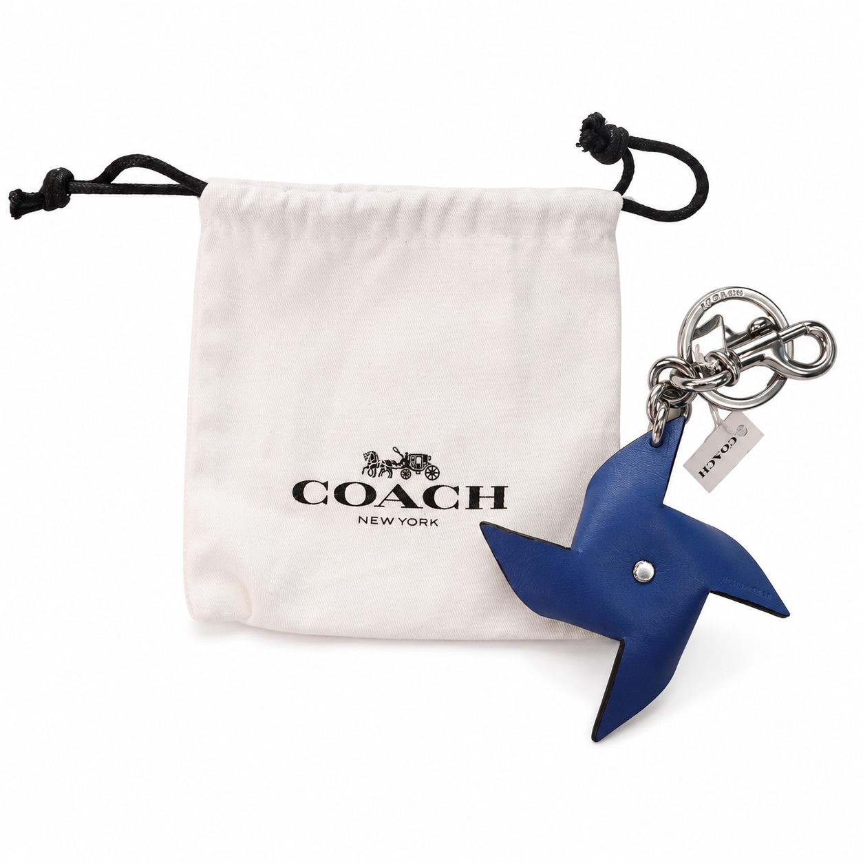 Coach Pinwheel Leather Bag Charm Keychain, Red & Sky Blue, Silver-Tone (Style CU257) — NWT with Dust Bag