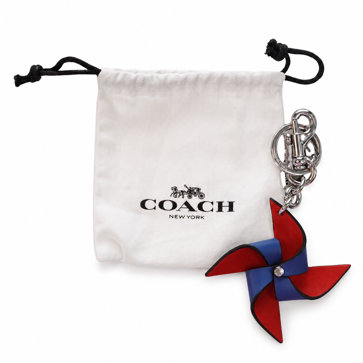 Coach Pinwheel Leather Bag Charm Keychain, Red & Sky Blue, Silver-Tone (Style CU257) — NWT with Dust Bag