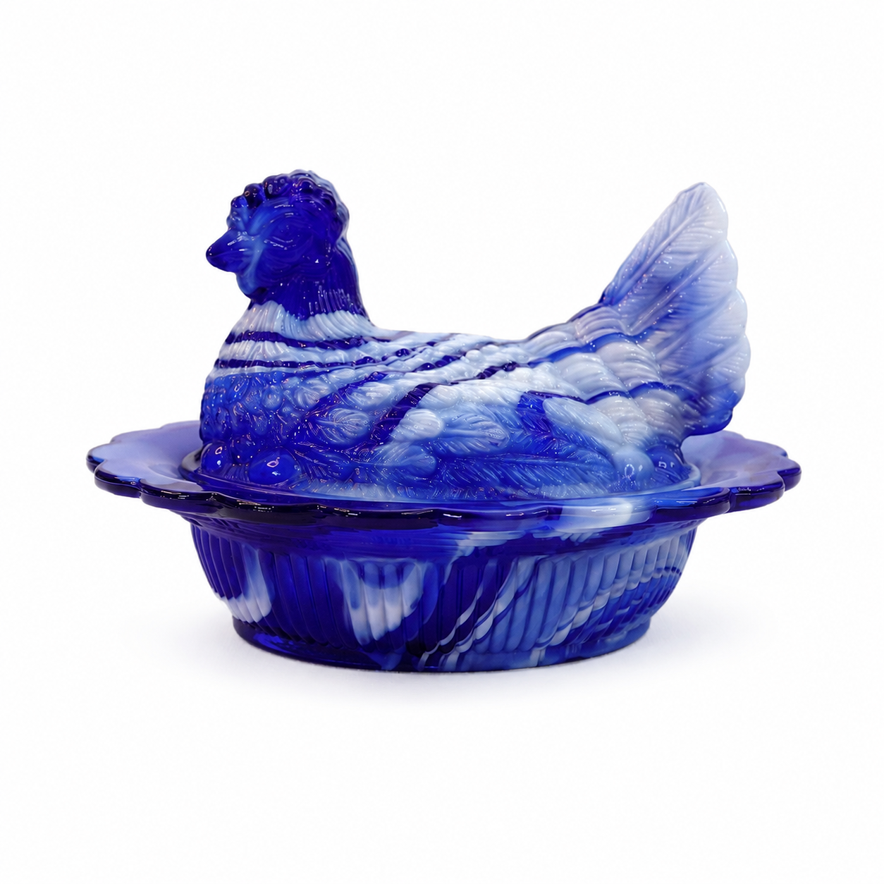 Mosser Glass Cobalt Blue Slag Hen on Nest Covered Candy Dish, Blue & White Marble Swirl, 6.5