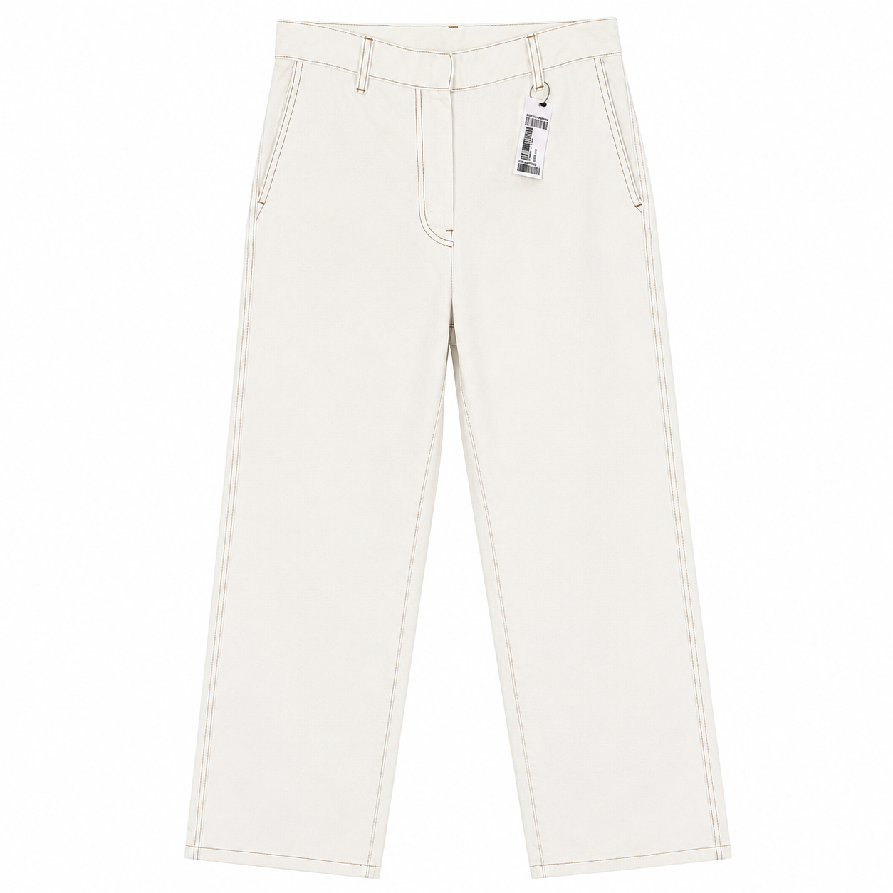Dries Van Noten Cream Cotton-Twill High-Waist Wide-Leg Trousers, Contrast Topstitching, New With Tags — Size 34