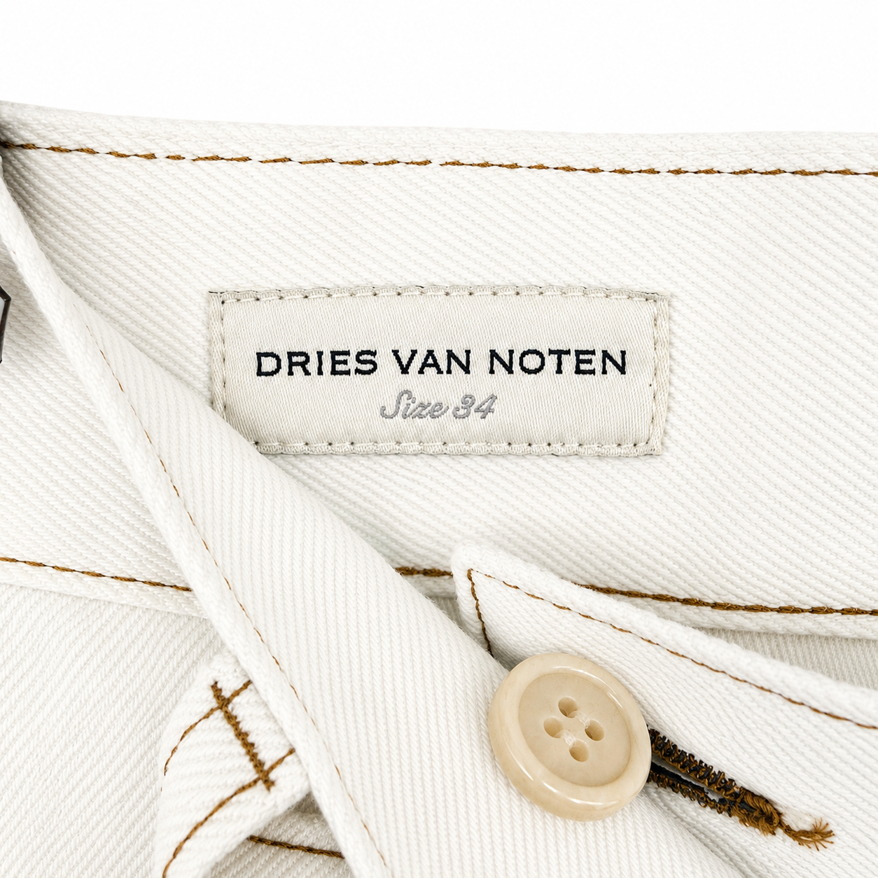 Dries Van Noten Cream Cotton-Twill High-Waist Wide-Leg Trousers, Contrast Topstitching, New With Tags — Size 34