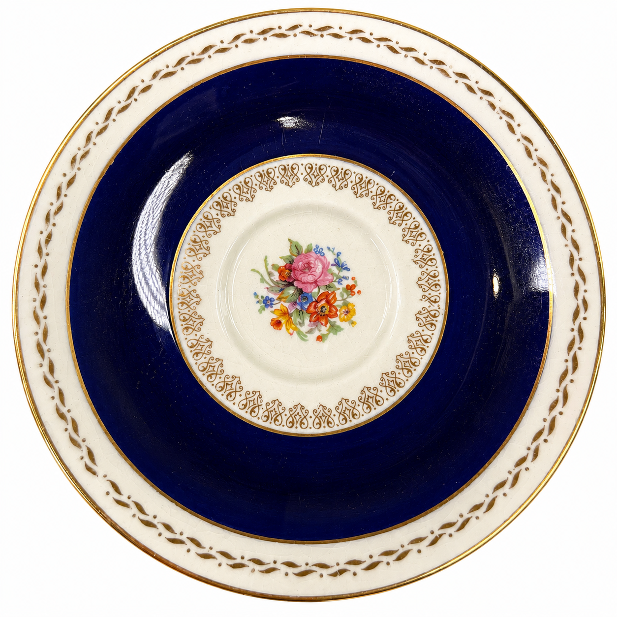 English Cobalt Blue & Gilt Floral Saucer, Rose Bouquet Center, Royal Crown Mark, Made in England
