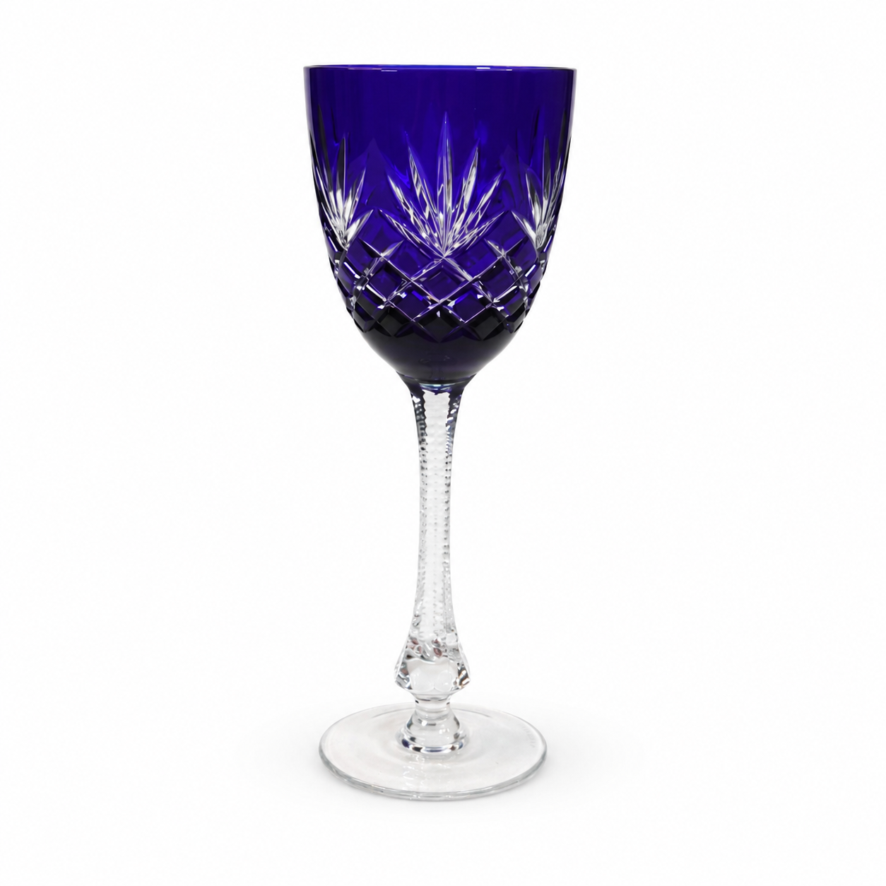 Set of 8 Fabergé Cobalt Blue Cut-to-Clear Crystal Wine Goblets, Signed, Mouth-Blown