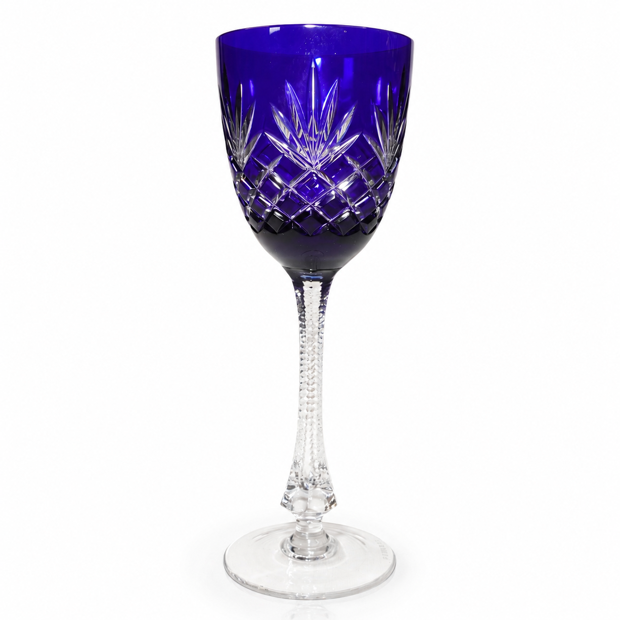 Set of 8 Fabergé Cobalt Blue Cut-to-Clear Crystal Wine Goblets, Signed, Mouth-Blown