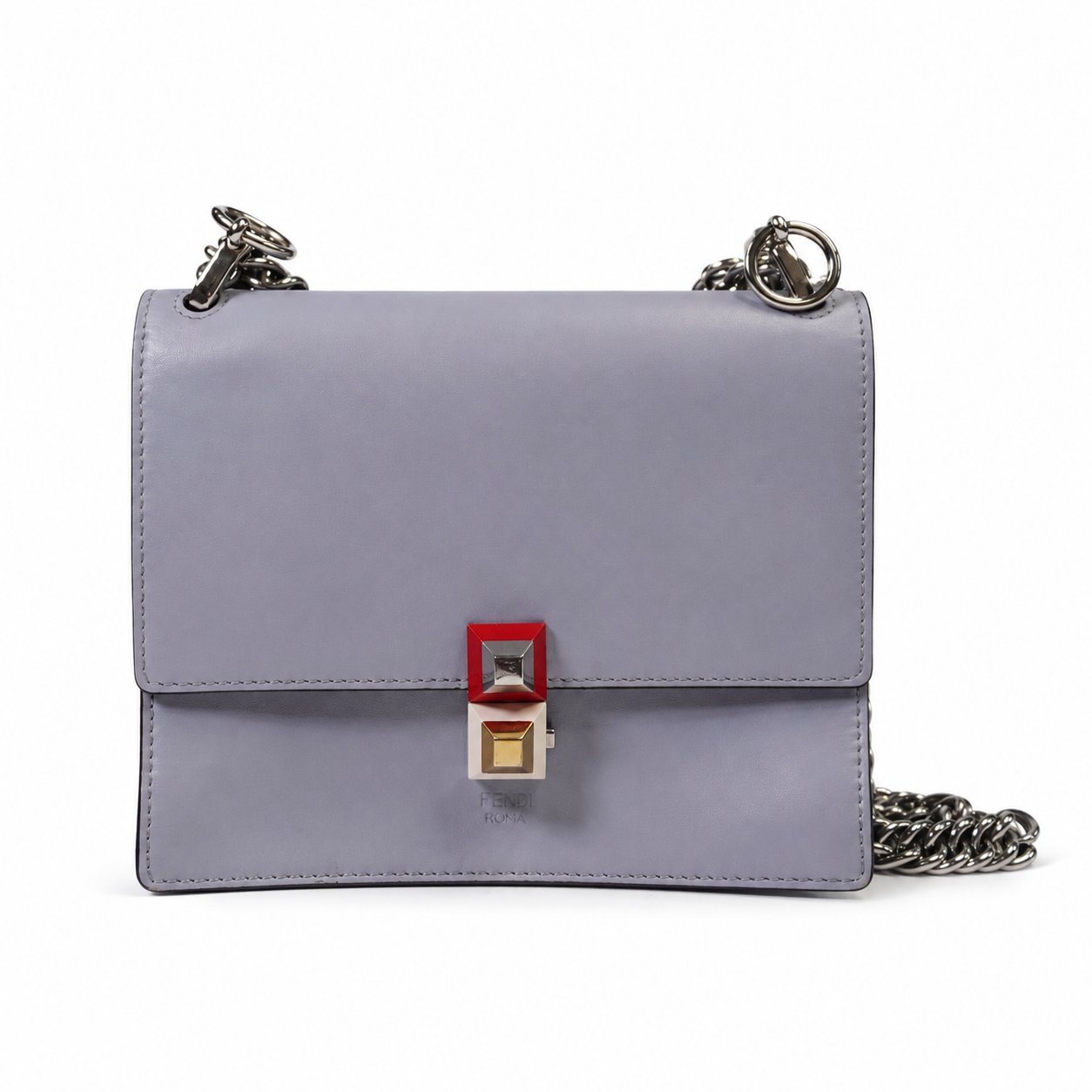 Fendi Kan I Shoulder Bag, Grey Leather with Studded Closure, Chain Strap, FENDI ROMA