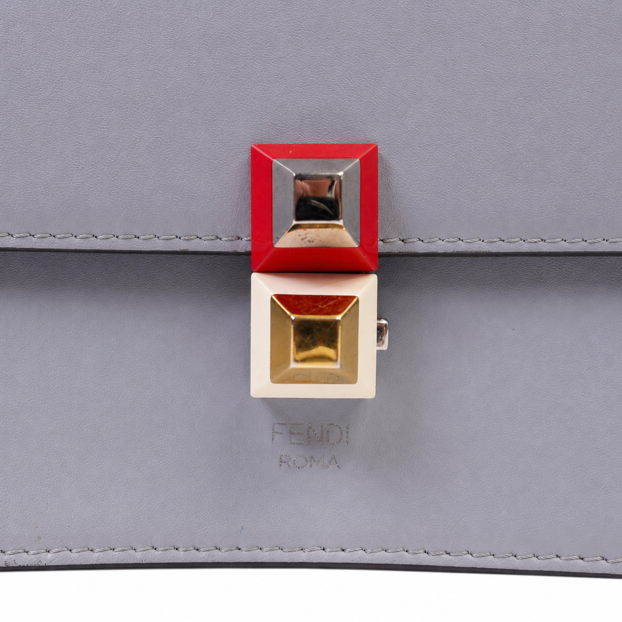 Fendi Kan I Shoulder Bag, Grey Leather with Studded Closure, Chain Strap, FENDI ROMA