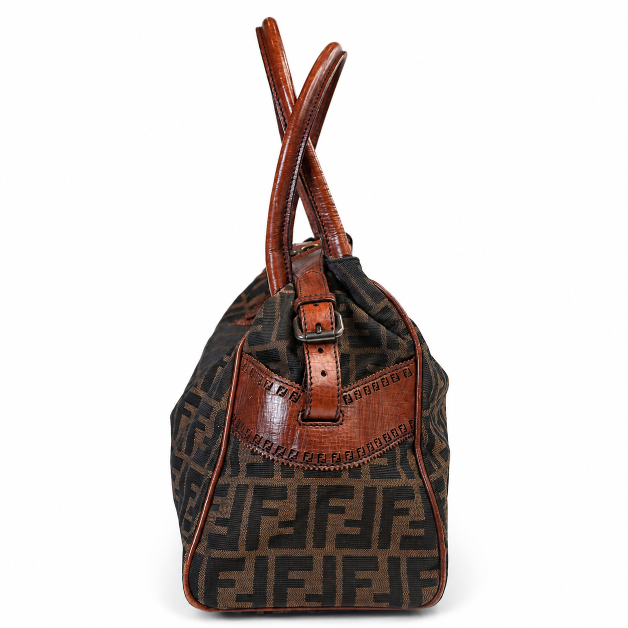 Fendi Zucca Canvas Satchel, Tobacco FF Monogram with Cognac Leather Trim, Star Studs & Hook Closure