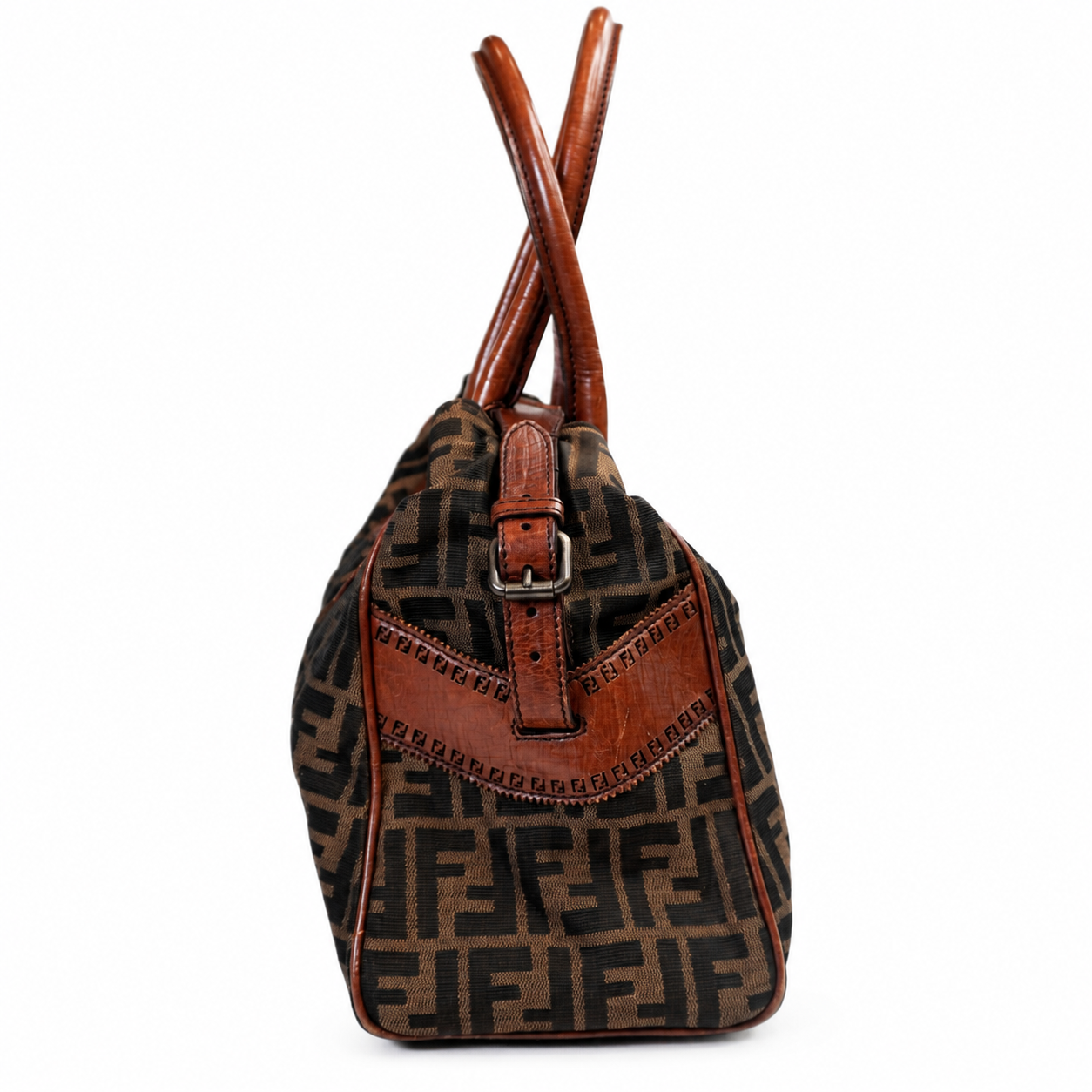 Fendi Zucca Canvas Satchel, Tobacco FF Monogram with Cognac Leather Trim, Star Studs & Hook Closure