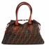 Fendi Zucca Canvas Satchel, Tobacco FF Monogram with Cognac Leather Trim, Star Studs & Hook Closure