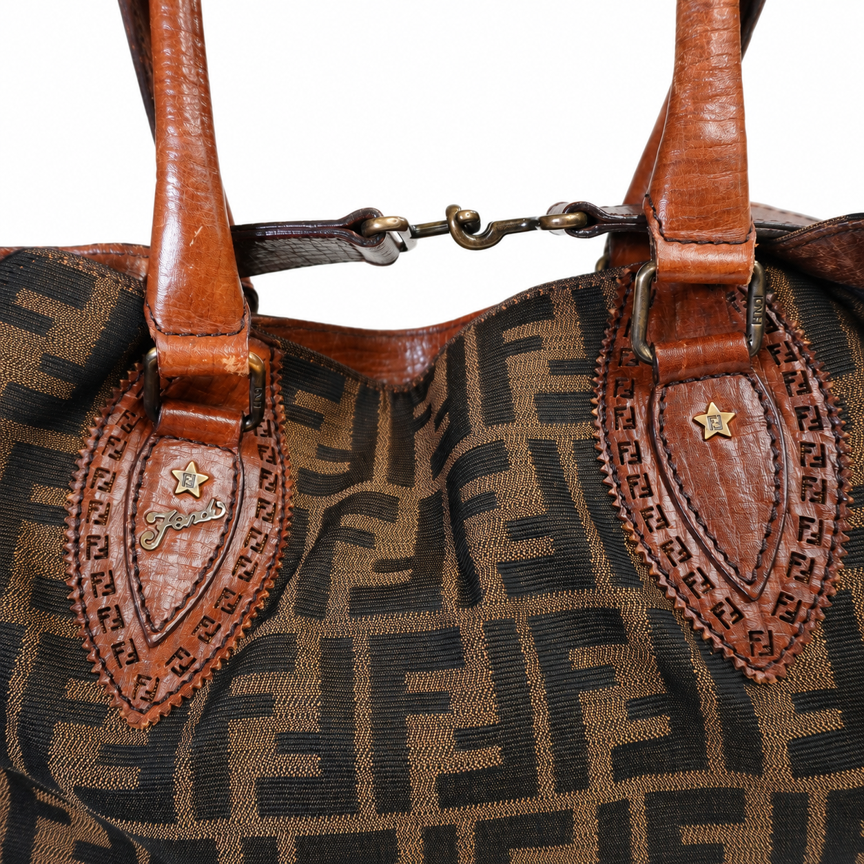 Fendi Zucca Canvas Satchel, Tobacco FF Monogram with Cognac Leather Trim, Star Studs & Hook Closure